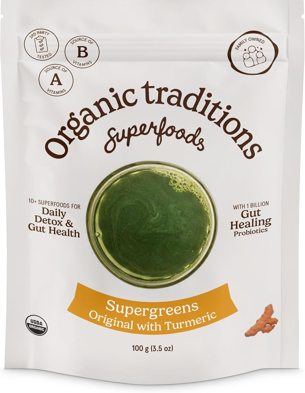 Organic Traditions Super Greens Powder with Turmeric, Organic Greens Superfood Blend with Vitamins Minerals and Probiotics, Plant Based Green Juice Mix for Smoothies and Drinks, 100g / 3.5oz Bag