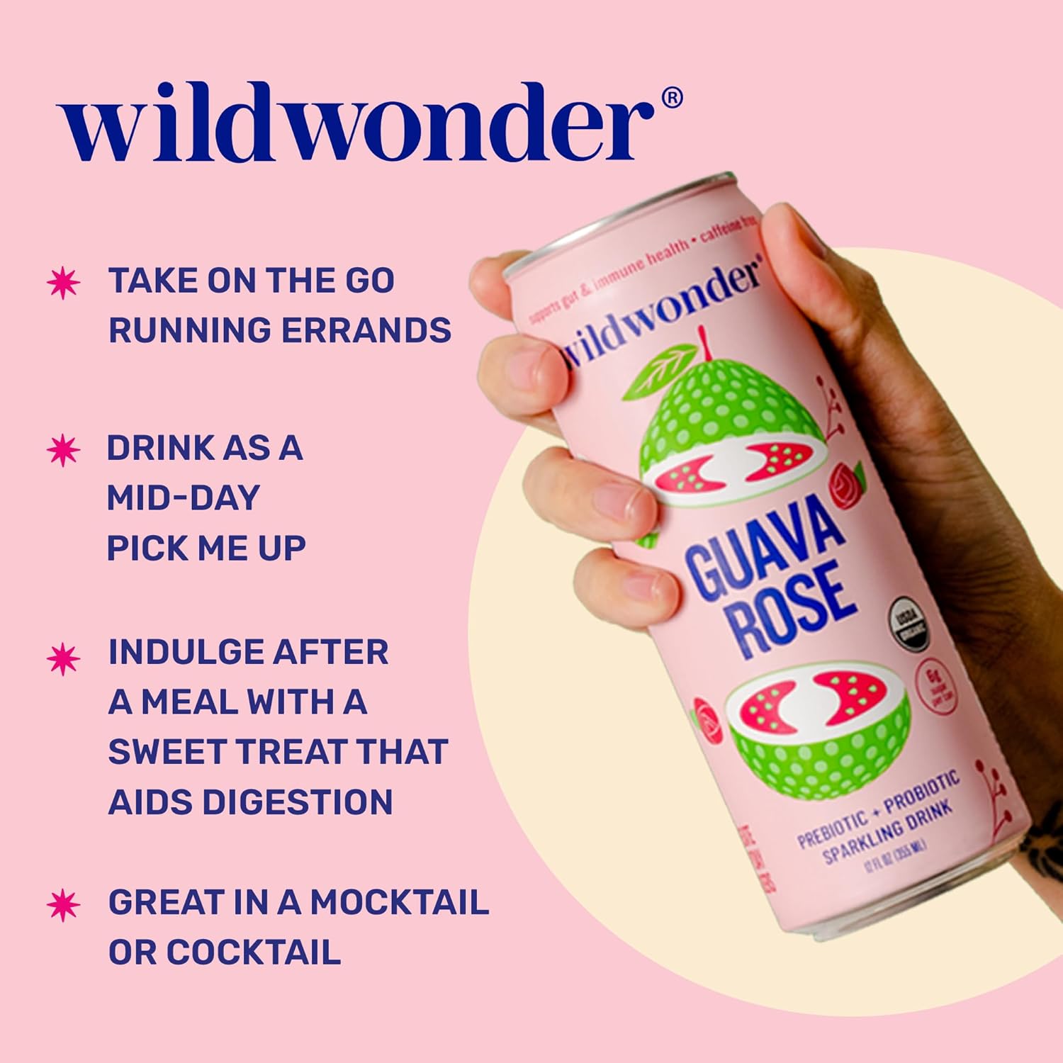wildwonder Sparkling Probiotic Drink 12pk, for Gut Health & Immune Support, Guava Rose, 5 G Prebiotic Fiber, Live Probiotics, Organic, Vegan, Low Sugar, 12 Pack, 12 Oz Can, As Seen on Shark Tank - Image 3