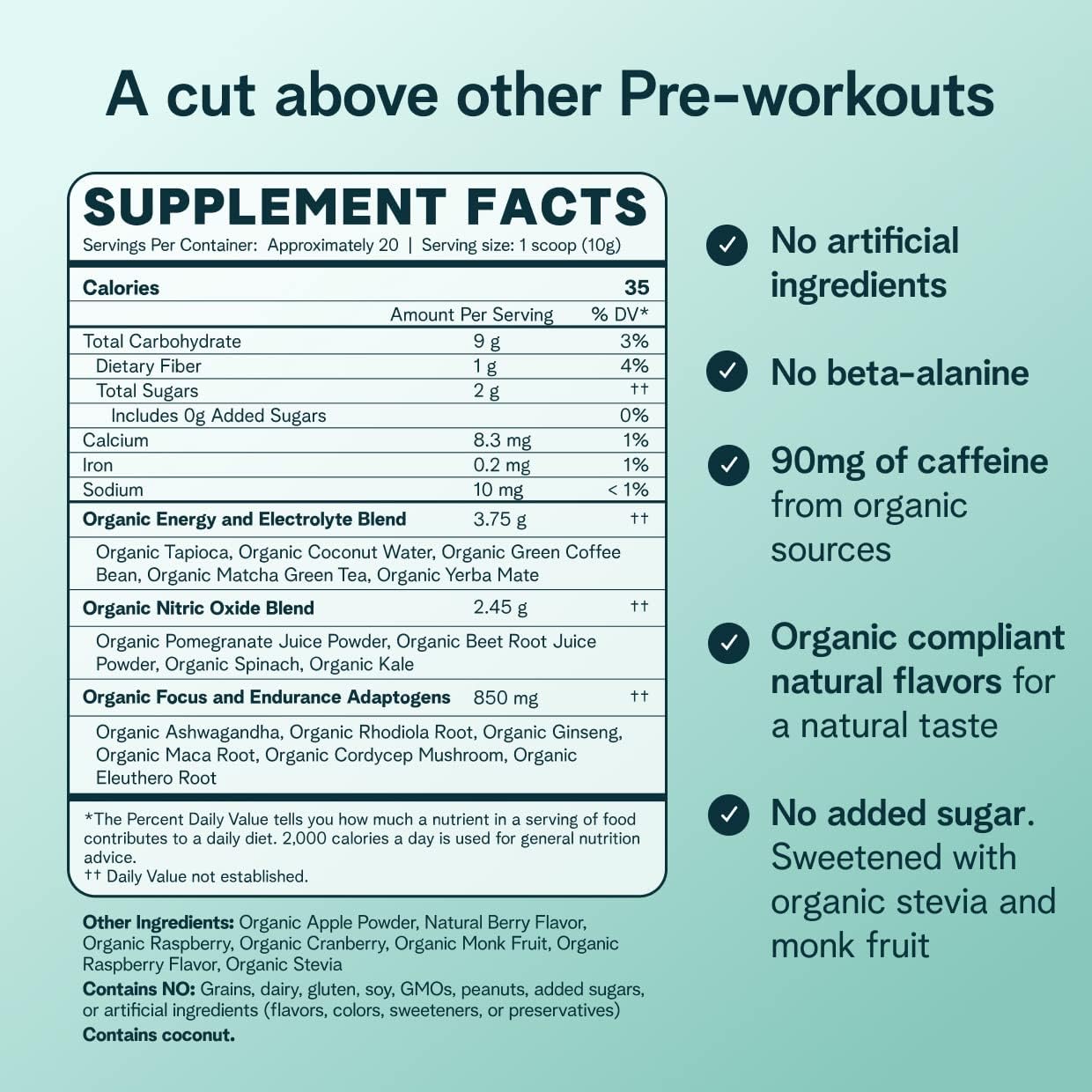 Ora Organic Pre Workout Powder for Men and Women Berry Beet Flavor- Vegan Certified Organic, Soy-Free, Dairy-Free, Gluten-Free- Provides Jitter-Free Energy Boost for Women & Men, 20 Servings - Image 4