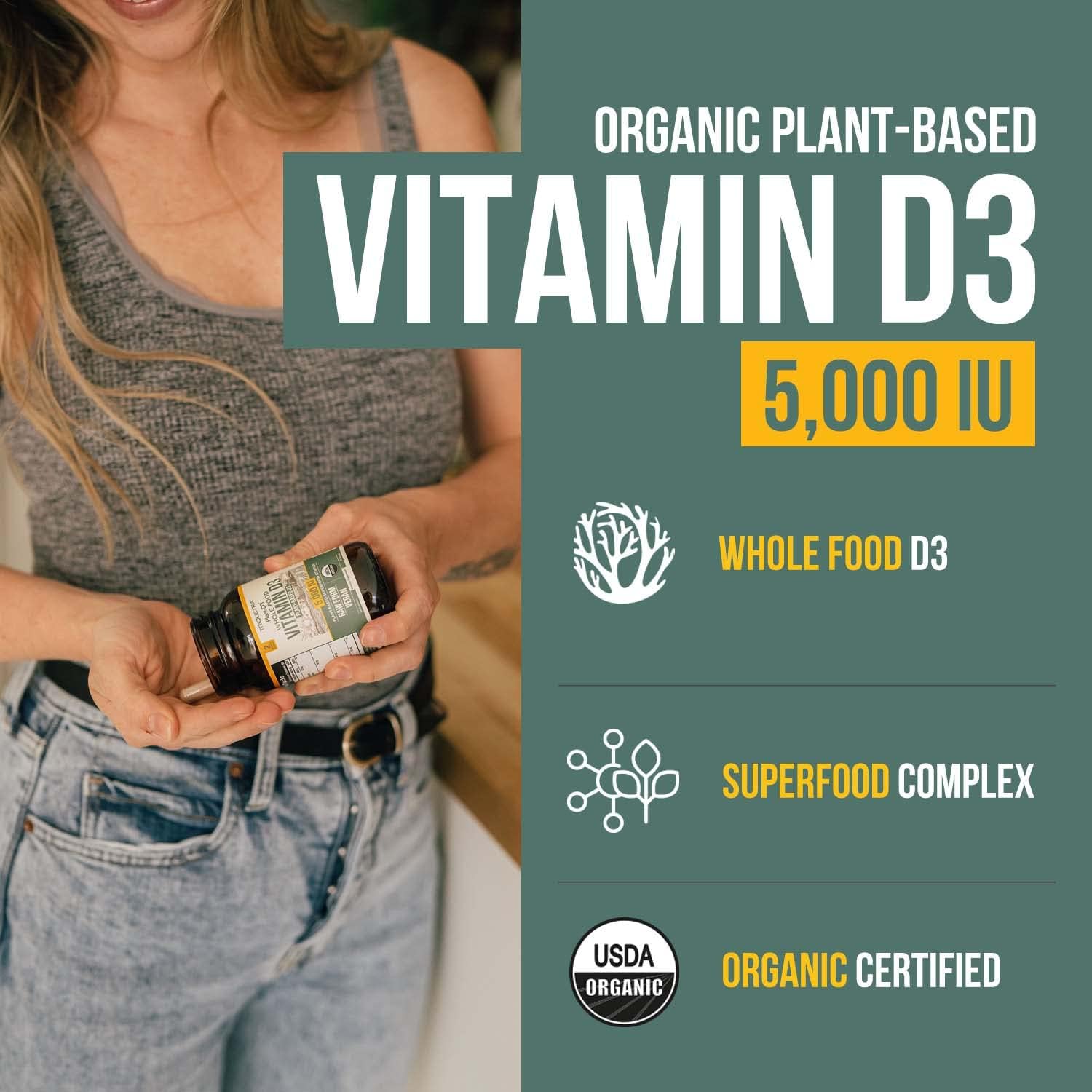 Organic Vitamin D3 5,000 IU - 100% Whole Food & Plant-Based Cholecalciferol Form, 100% Vegan Vitamin D - Enhanced with Prebiotic & Superfood Complex – Organic, Vegan, GMO & Gluten Free (60 Capsules) - Image 2