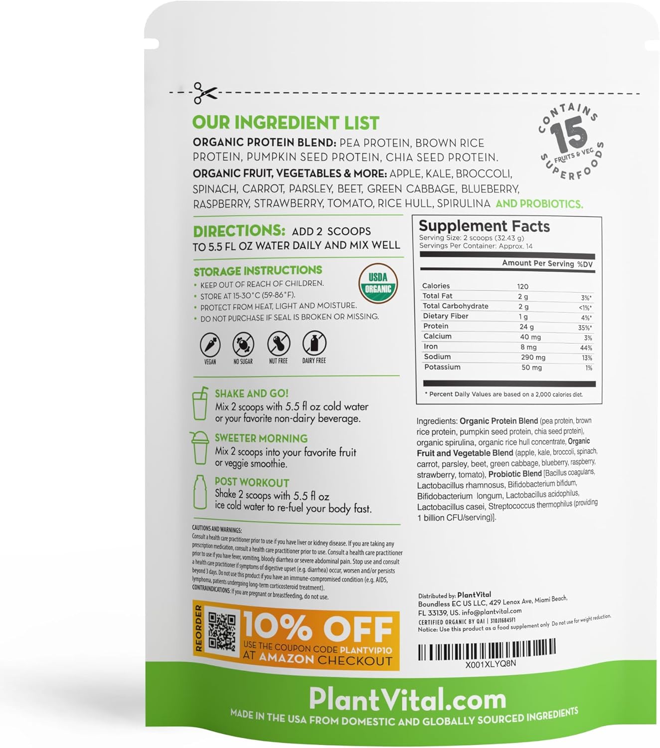 Plantvital Unflavored Organic Vegan Protein Powder - 15 Superfoods, Veggies and Probiotics - Organic Plant-Based Protein Powder - All BCAA’s, Gluten Free - 16oz -1 Pouch - Image 7