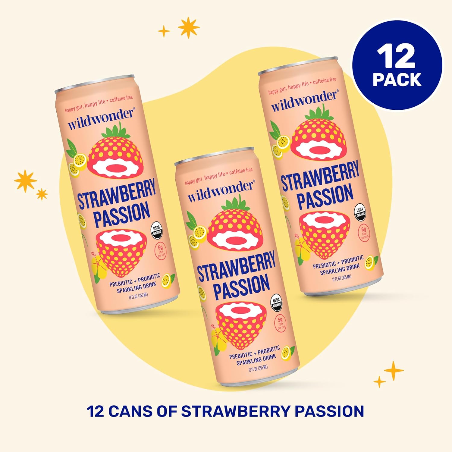 wildwonder Sparkling Probiotic Drink 12pk, For Gut Health & Immune Support, Strawberry Passion, 5g Prebiotic Fiber, Live Probiotics, Organic, Vegan, Low Sugar, 12 Pack, 12oz Can, As Seen on Shark Tank - Image 3