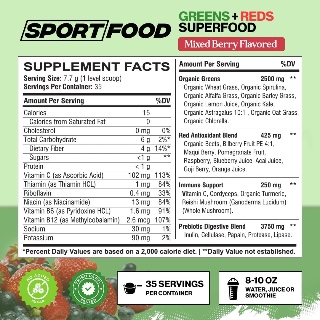 Organic Greens & Reds Superfood Powder | Mixed Berry Flavor | 25+ Super Fruits & Veggies, Beets, Prebiotics | Energizing, Antioxidant-Rich, Keto-Friendly Smoothie Mix | 35 Servings - Image 2