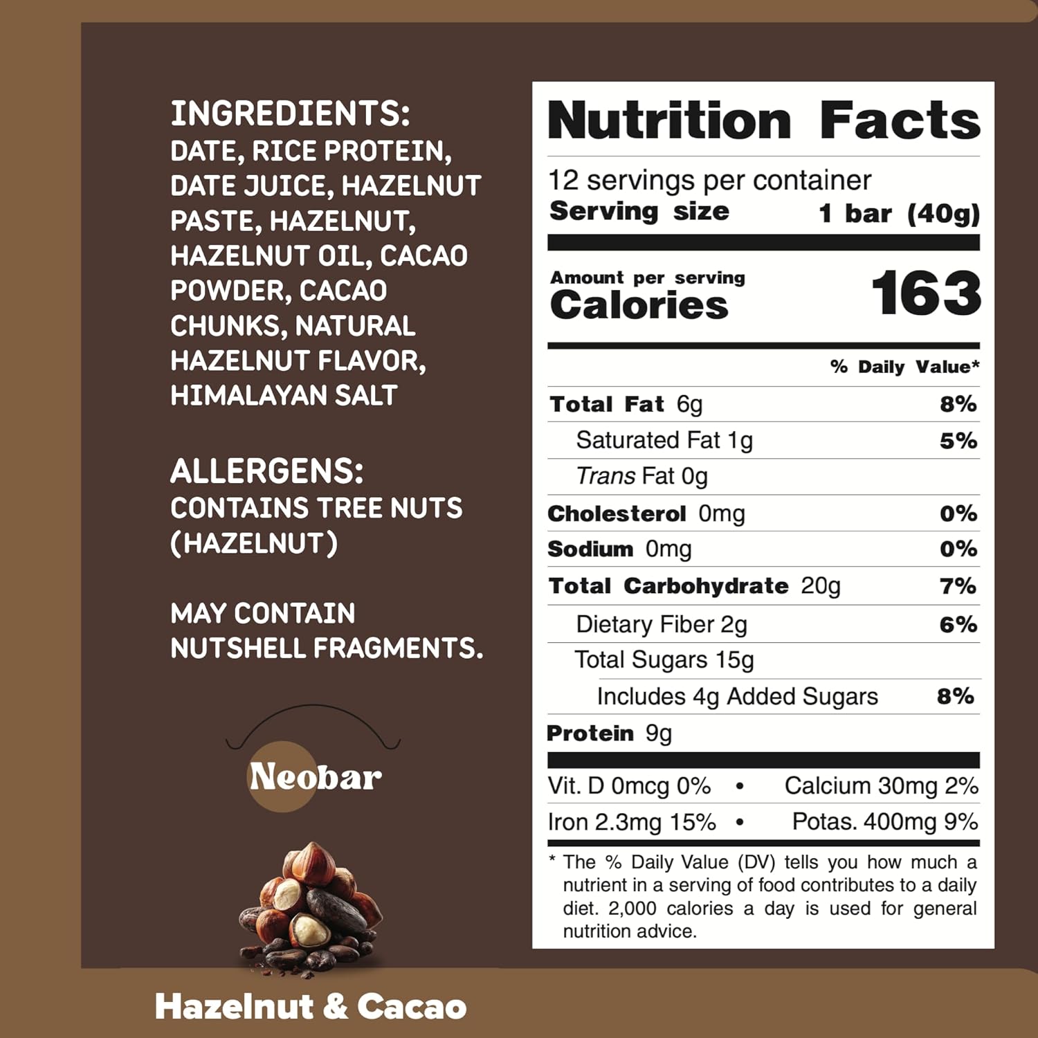 NEOBAR 9g Plant-Based Protein Fruit and Nut Bars - Vegan Snack Bars, Gluten Free Dairy Free Snacks, No Preservatives, No Refined Sugars Added, Non-GMO | Hazelnut & Cacao, 12 Count - Image 2