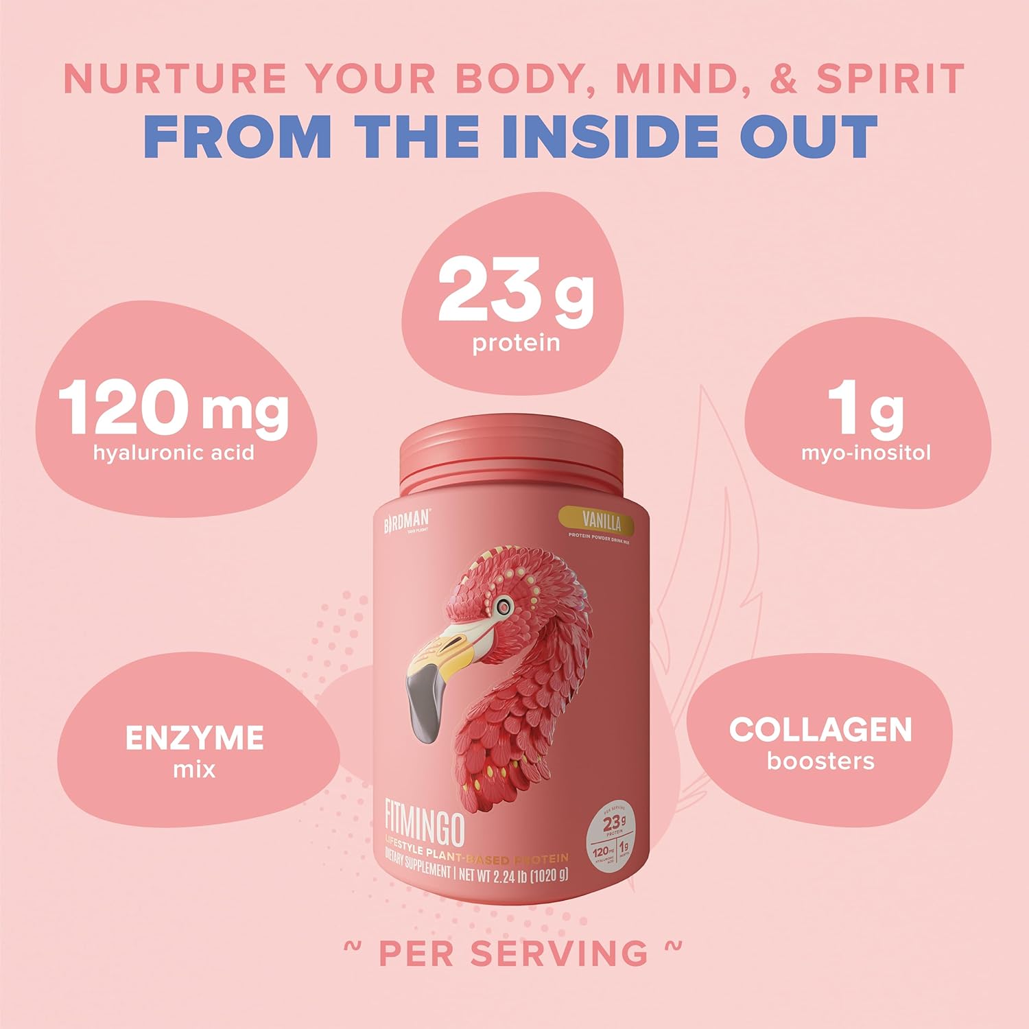 BIRDMAN Fitmingo Vegan Protein Powder with Inositol, Collagen Boosters, Hyaluronic Acid and Vitamins | Low Carb, Dairy Free, Lactose Free, Low Calorie | 23g Plant Based Vanilla Protein Powder - Image 4