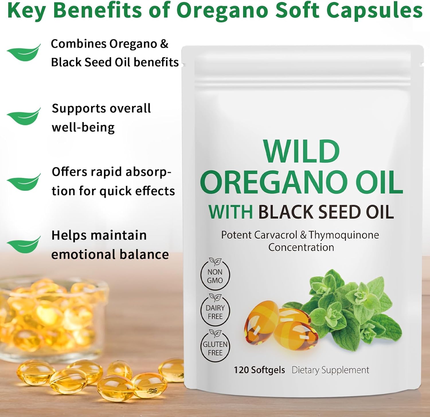 Oil of Oregano Softgels, 120 Count 2 in 1 6000mg Oil of Oregano with Black Seed Oil 200mg, Plant Based, Organic Oregano Oil Supplement Capsules, Non-GMO & Immune Support - Image 3