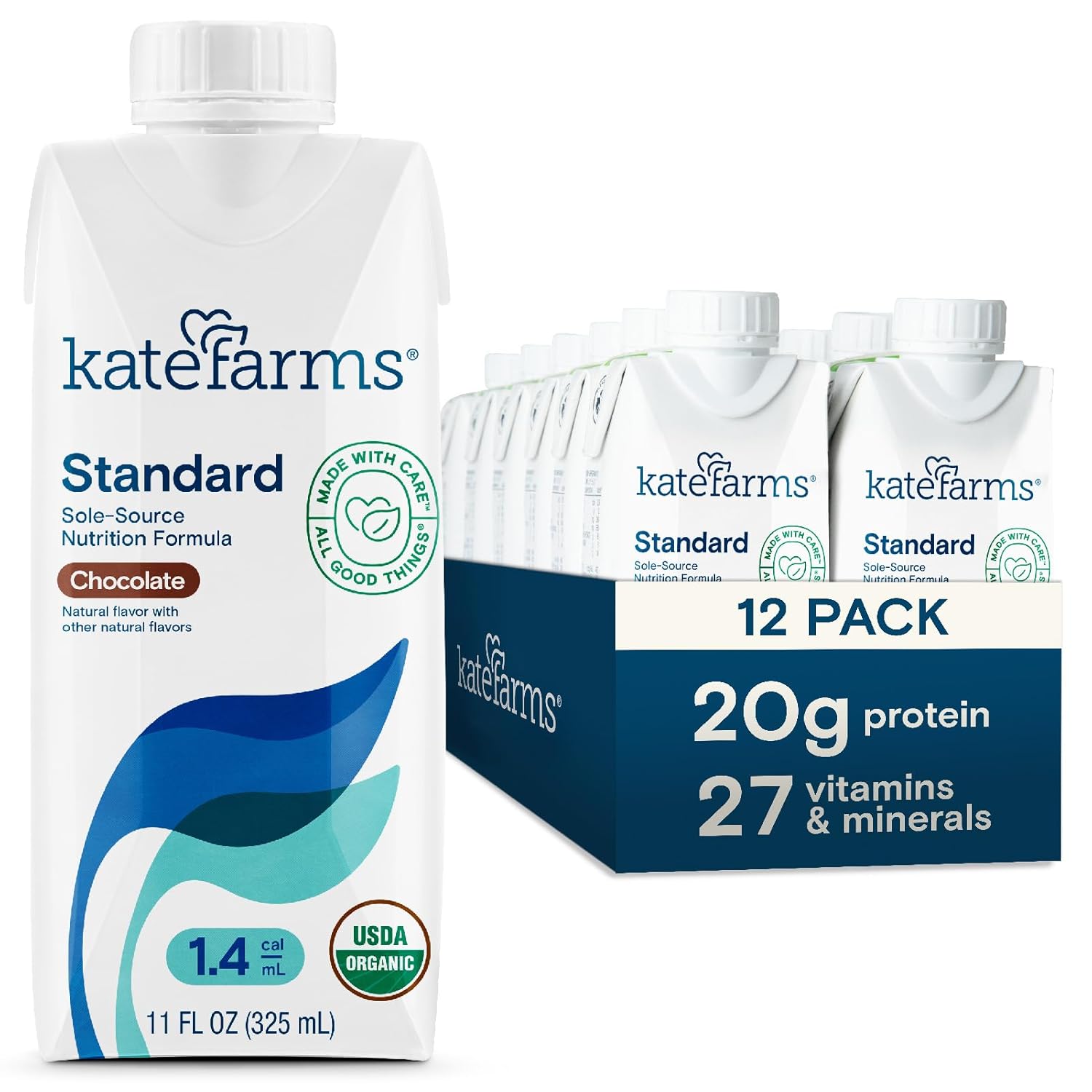 KATE FARMS Organic 1.4 High Calorie Nutrition Shake, Chocolate, 20g Protein, 27 Vitamins and Minerals, Meal Replacement, 11 oz (12 Pack)