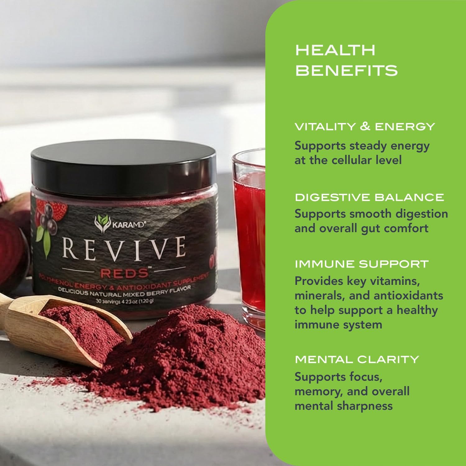 KaraMD Revive Reds | Delicious Energy Boosting Concentrated Polyphenol Blend | Vegan Friendly, Gluten Free & Non-GMO Superfood Powder | Antioxidant Powder Containing Shilajit & Enzymes (30 Servings) - Image 4