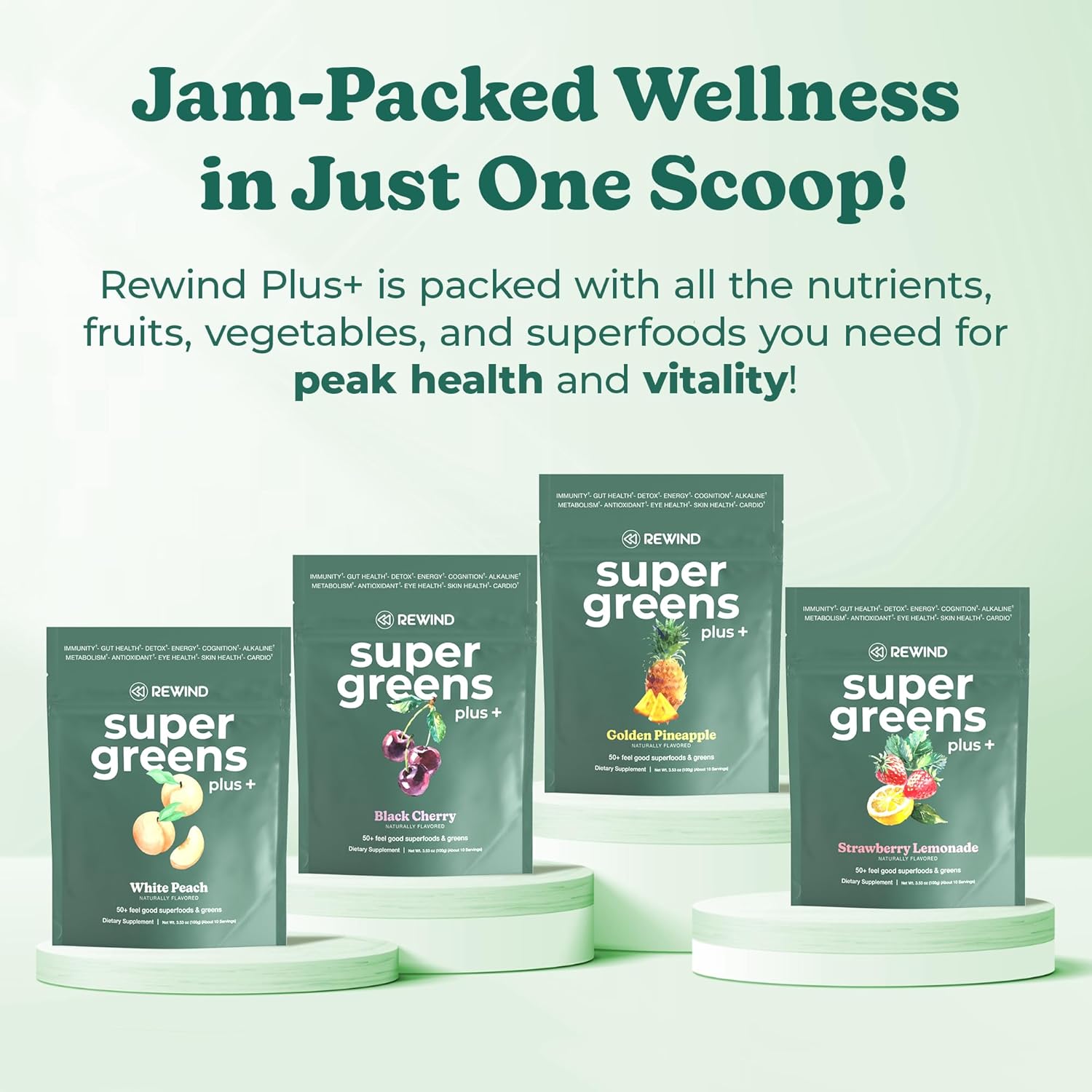 Rewind Super Greens Powder with 50+ Superfoods Daily Green Juice for the Whole Family Delicious Green Powder Drink Mix White Peach Flavor - 10 Servings - Image 3
