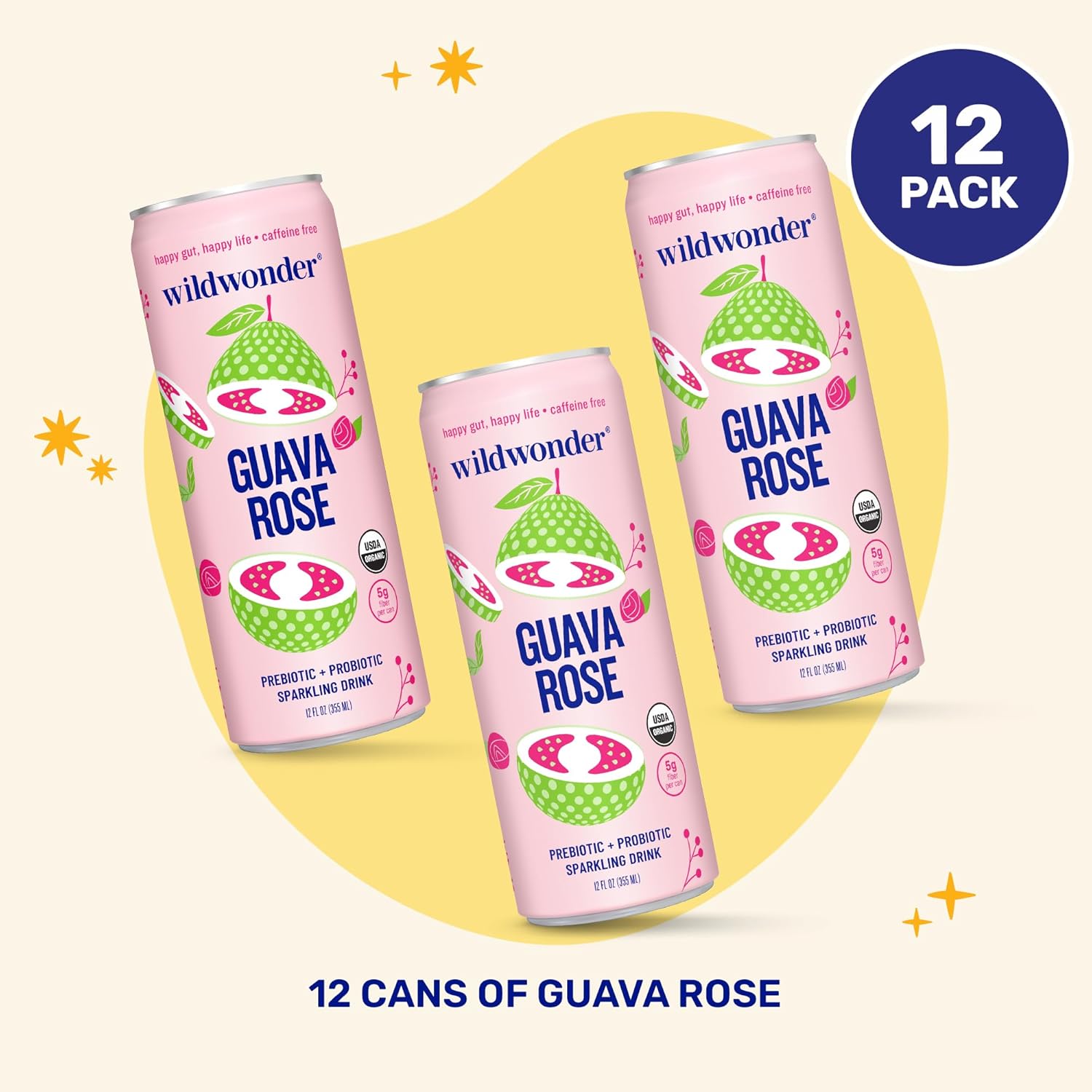wildwonder Sparkling Probiotic Drink 12pk, for Gut Health & Immune Support, Guava Rose, 5 G Prebiotic Fiber, Live Probiotics, Organic, Vegan, Low Sugar, 12 Pack, 12 Oz Can, As Seen on Shark Tank - Image 4
