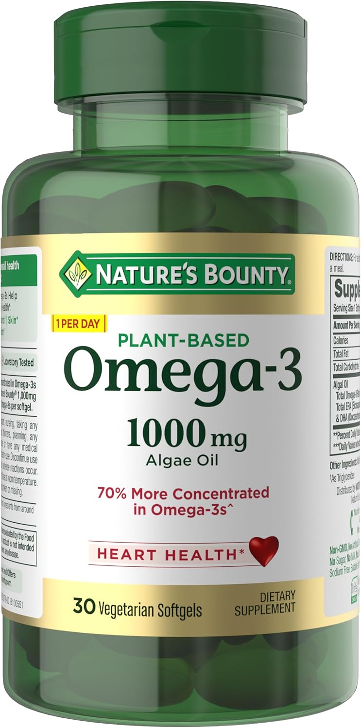Nature's Bounty Omega 3, Plant-Based Omega 3 Fatty Acid Supplement, 520mg, Supports Whole Body Health Including Heart, Skin, Joint, 30 Vegetarian Softgels, Fish Oil Alternative