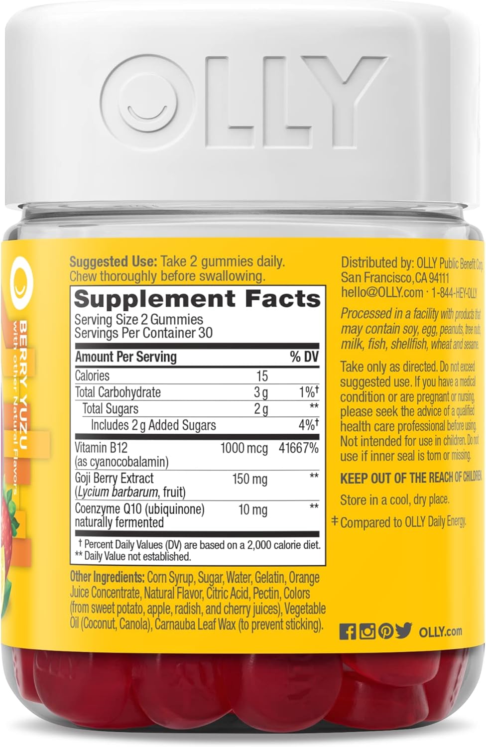 OLLY Extra Strength Daily Energy Gummy, Caffeine Free, 1000mcg Vitamin B12, CoQ10, Goji Berry, Adult Chewable Supplement, Berry Yuzu Flavor - 60 Count - Image 8