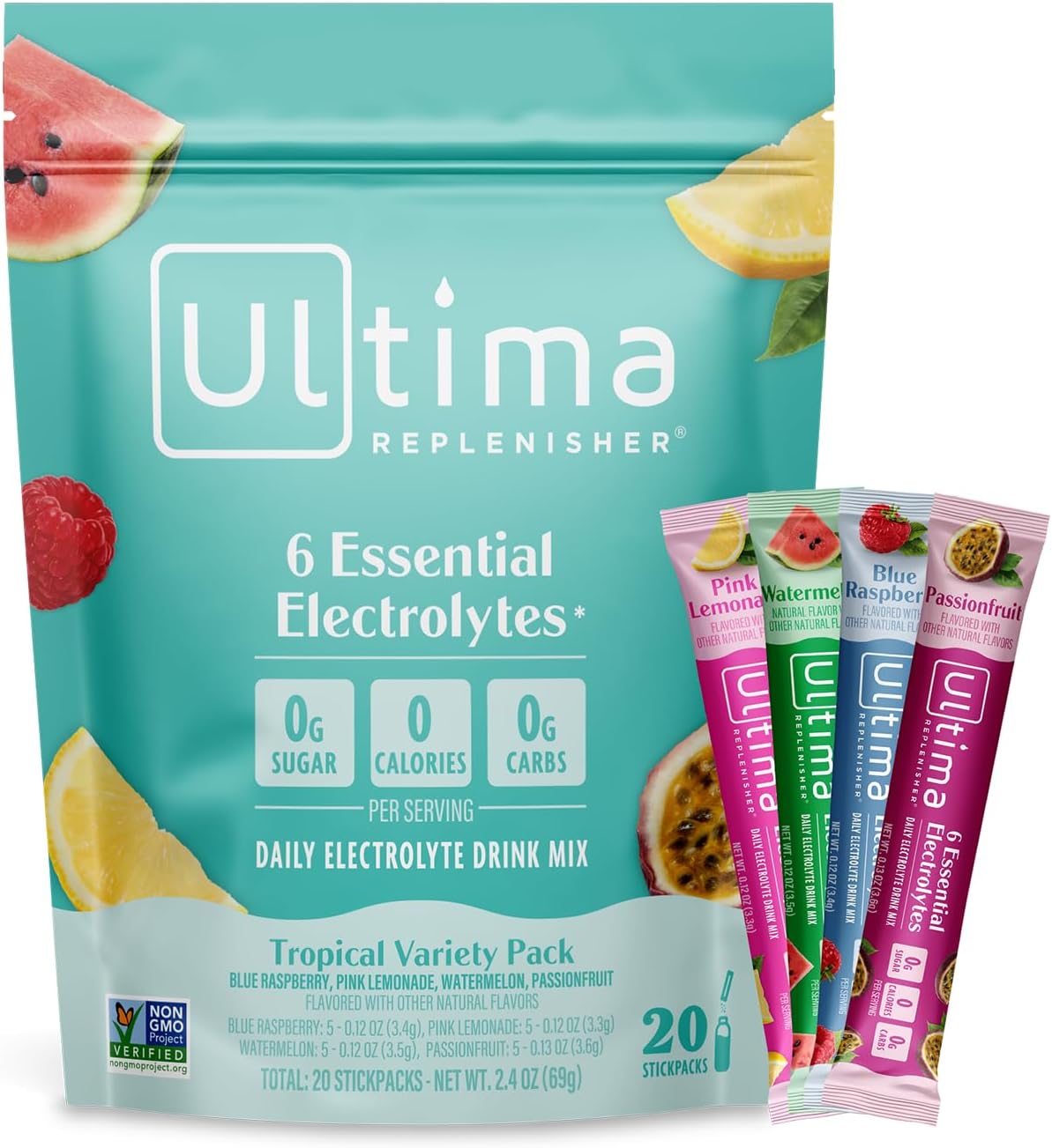 Ultima Replenisher Daily Electrolyte Powder – Tropical Variety Pack, 20 Stickpacks – Zero Sugar Hydration Packets with 6 Electrolytes and Minerals – Sugar Free, Plant Based & Keto Friendly Drink Mix