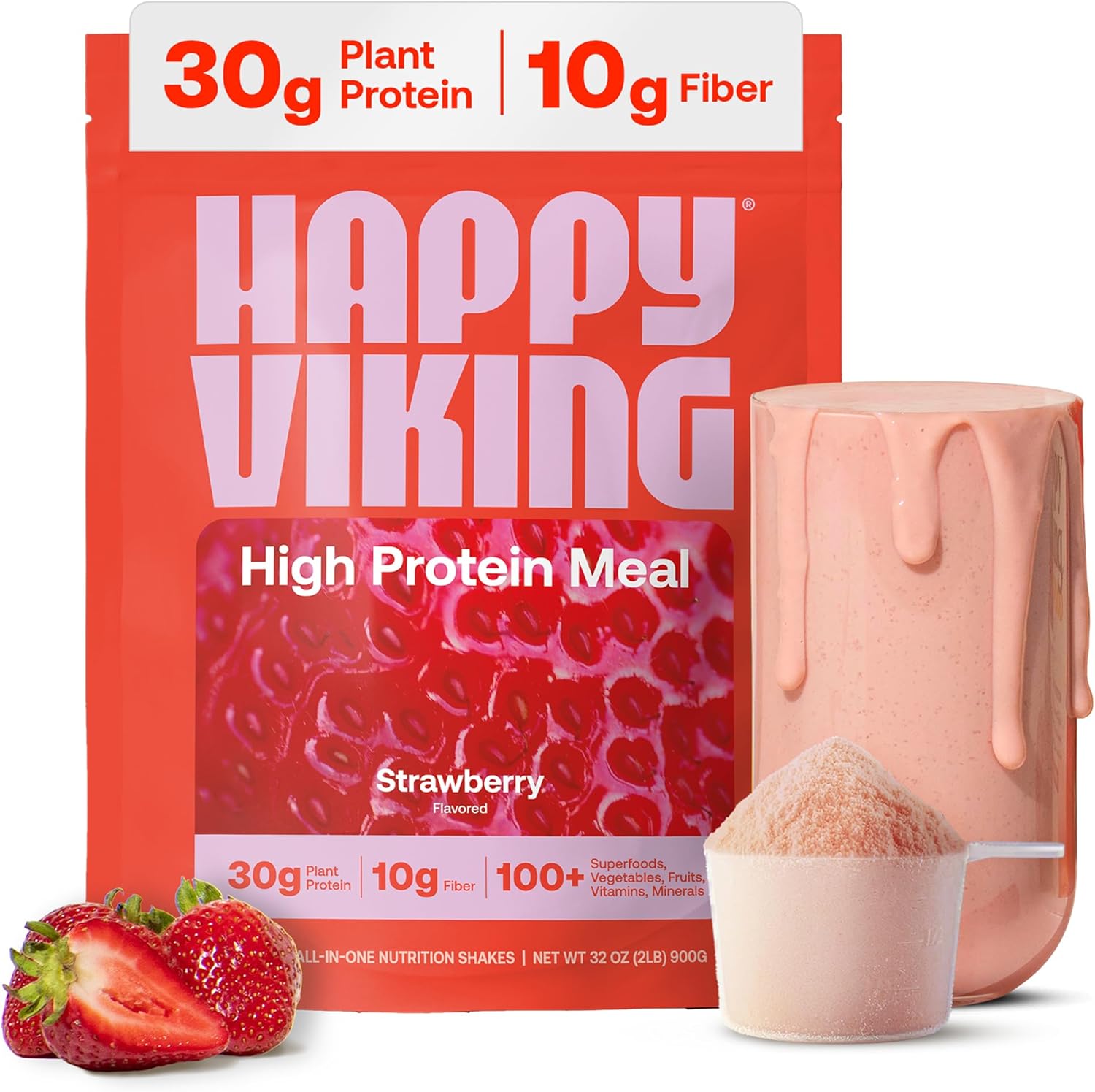 Happy Viking Plant-Based Protein Powder +100 Superfoods Strawberry Meal Replacement Shake, Created by Venus Williams, 30g Plant Protein, 10g Fiber, Vegan, Gluten-Free, Non-GMO,15 Meals