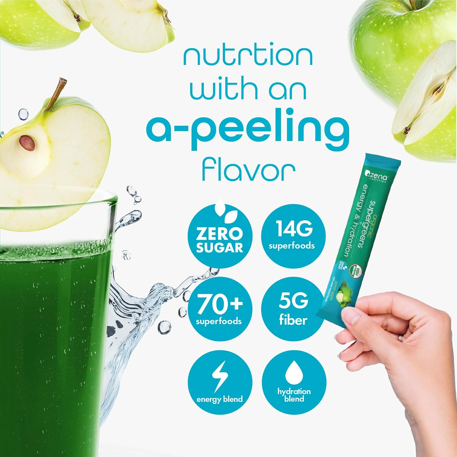 Zena Nutrition Organic Super Greens Energy & Hydration Powder, 70+ Superfoods, 0 Sugar, 5G Fiber, Spirulina, Chlorella, Prebiotics/Probiotics, Natural Caffeine + Electrolytes, 40 Drink Mix Packets - Image 4
