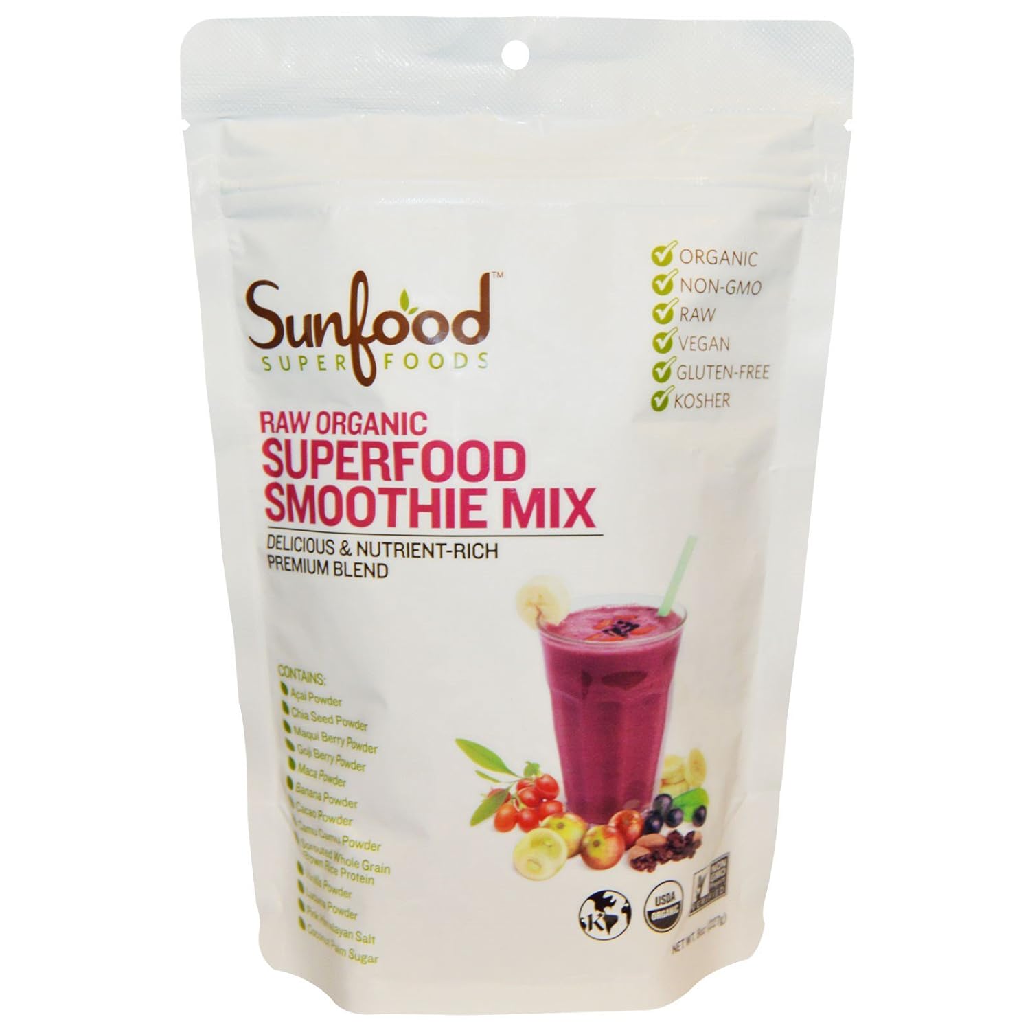Sunfood Superfood Raw Organic Smoothie Mix - Vegan Superfood Protein Smoothie Powder, Drink Mix with Fruit & 12g Plant Based Protein for Women & Men - 8 oz Bag