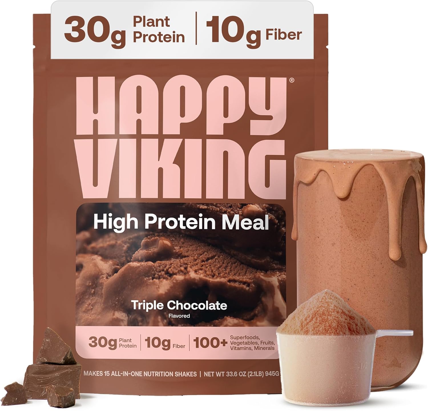 Happy Viking Plant-Based Protein Powder +100 Superfoods Chocolate Meal Replacement Shake, Created by Venus Williams, 30g Plant Protein, 10g Fiber, Vegan, Gluten-Free, Non-GMO, 15 Meals