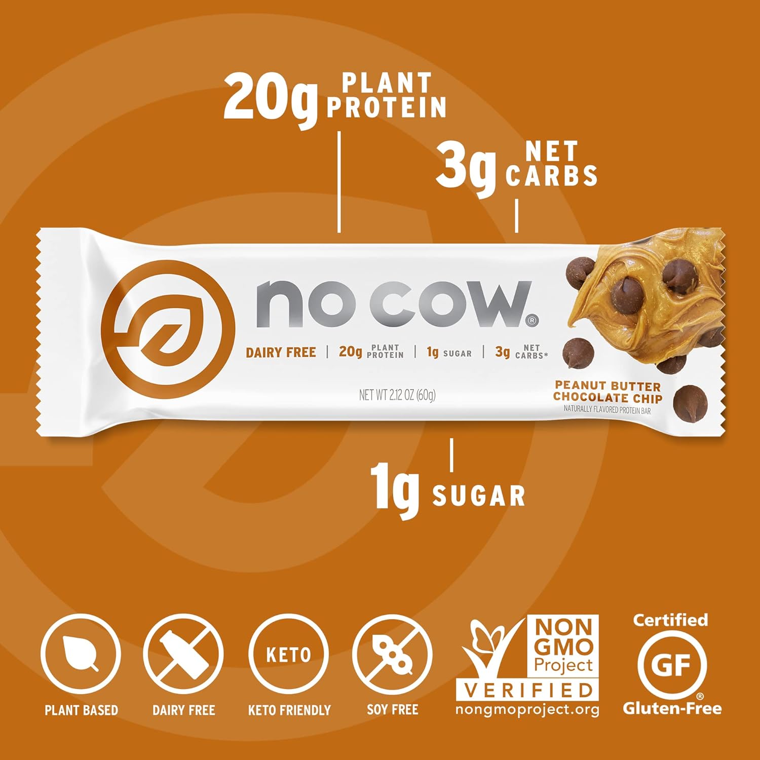 No Cow Vegan Protein Bars, Upgraded Peanut Butter Chocolate Chip | 20g Plant Based Protein, Gluten Free, Dairy Free, Soy Free, Keto Friendly, Low Sugar, High Fiber Snack Bars | Pack of 12 - Image 3