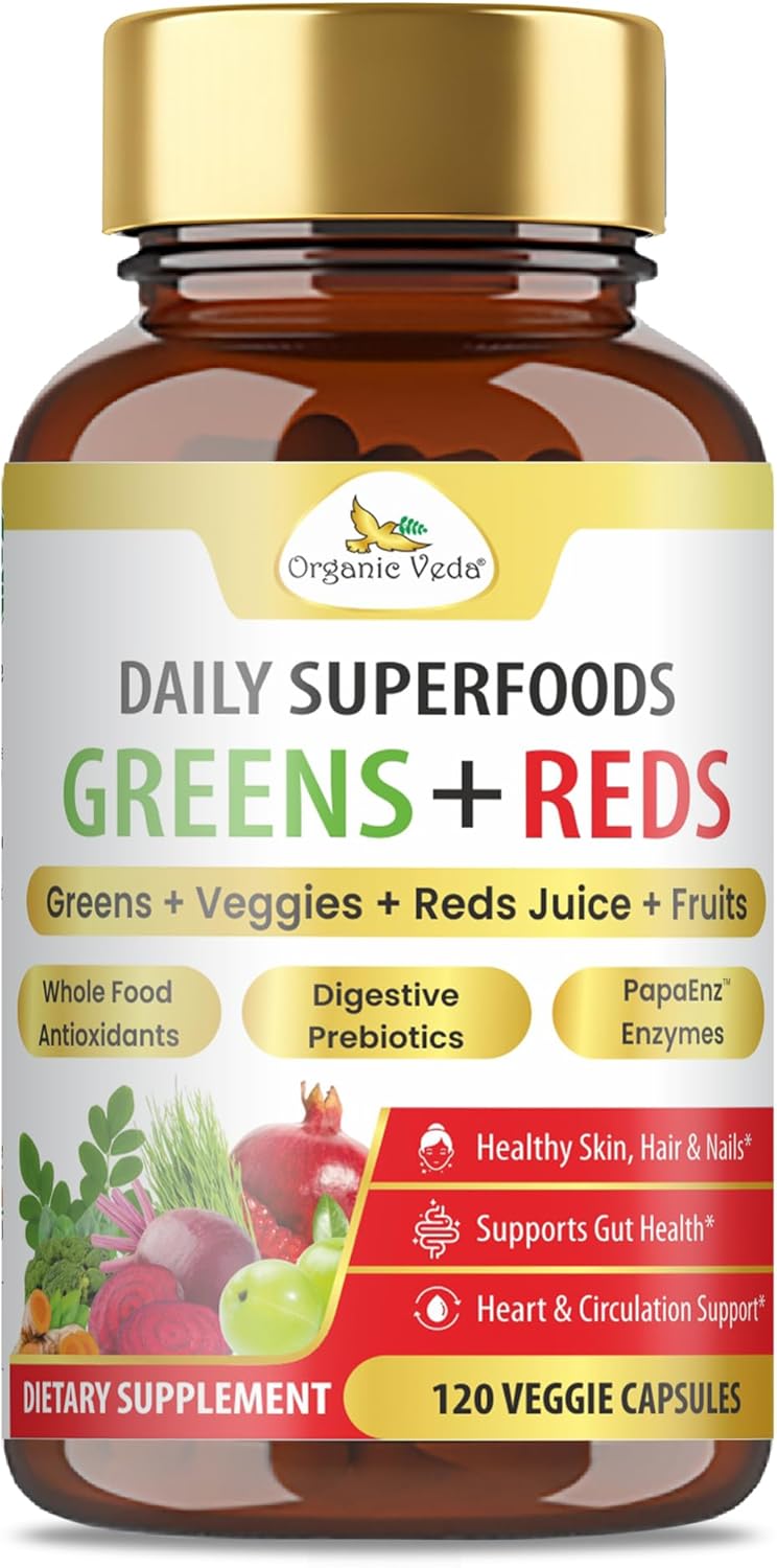 Organic Veda Super Greens & Reds Capsules - Organic Superfoods, Daily Greens, Red Juice, Fruits & Vegetables Supplement - Papaya Enzymes, Digestive Herbs, Bromelain, Antioxidants - 120 Veggie Capsules