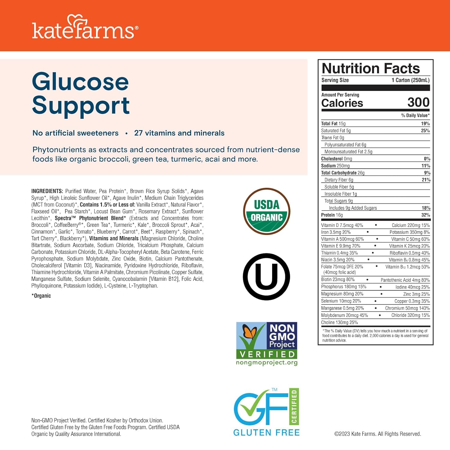 KATE FARMS Organic 1.2 Glucose Support Shake, Vanilla, 16g Protein, 27 Vitamins and Minerals, Meal Replacement, 8.45 oz (6 Pack) - Image 2