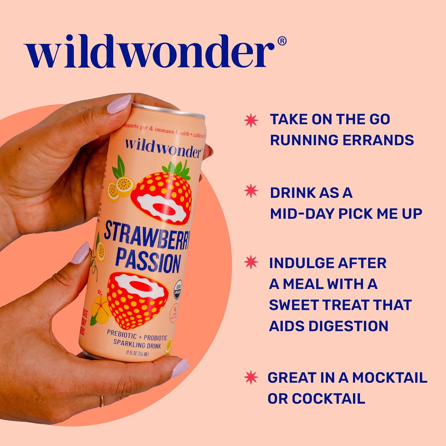 wildwonder Sparkling Probiotic Drink 12pk, For Gut Health & Immune Support, Strawberry Passion, 5g Prebiotic Fiber, Live Probiotics, Organic, Vegan, Low Sugar, 12 Pack, 12oz Can, As Seen on Shark Tank - Image 2
