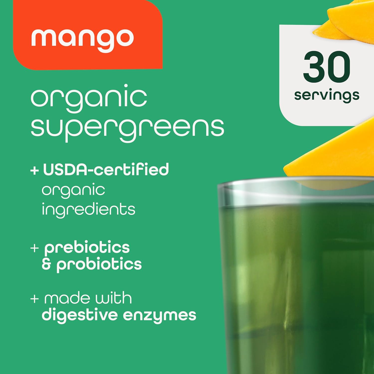 Zena Nutrition Organic Super Greens Powder, 70+ Superfoods, 0 Sugar, 3G Fiber, Spirulina, Chlorella, Mushrooms, Prebiotics/Probiotics, Digestive Enzymes for Gut Health, Mango, 30 Servings - Image 2
