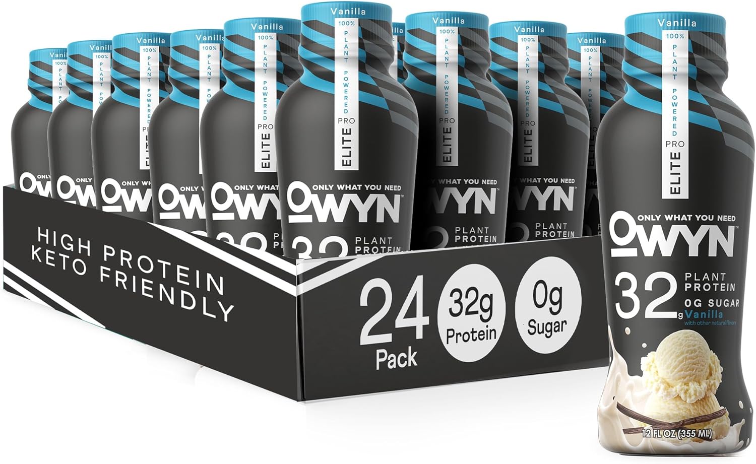 OWYN Only What You Need Pro Elite Vegan High Protein Keto Shake, 32g Protein, 9 Amino Acids, Omega-3, Prebiotics, Workout and Recovery, 0g Net Carbs, Zero Sugar (Vanilla, 12 Fl Oz (Pack of 24)