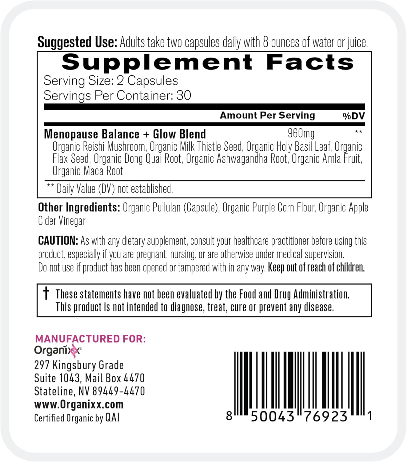 Organixx Menopause Balance + Glow, Womens Supplement with Ashwagandha, Reishi Mushroom, and Milk Thistle, Plant Based Adaptogens and Superfood Blend, Dairy, Soy & Gluten Free, Non GMO, 60 Capsules - Image 3