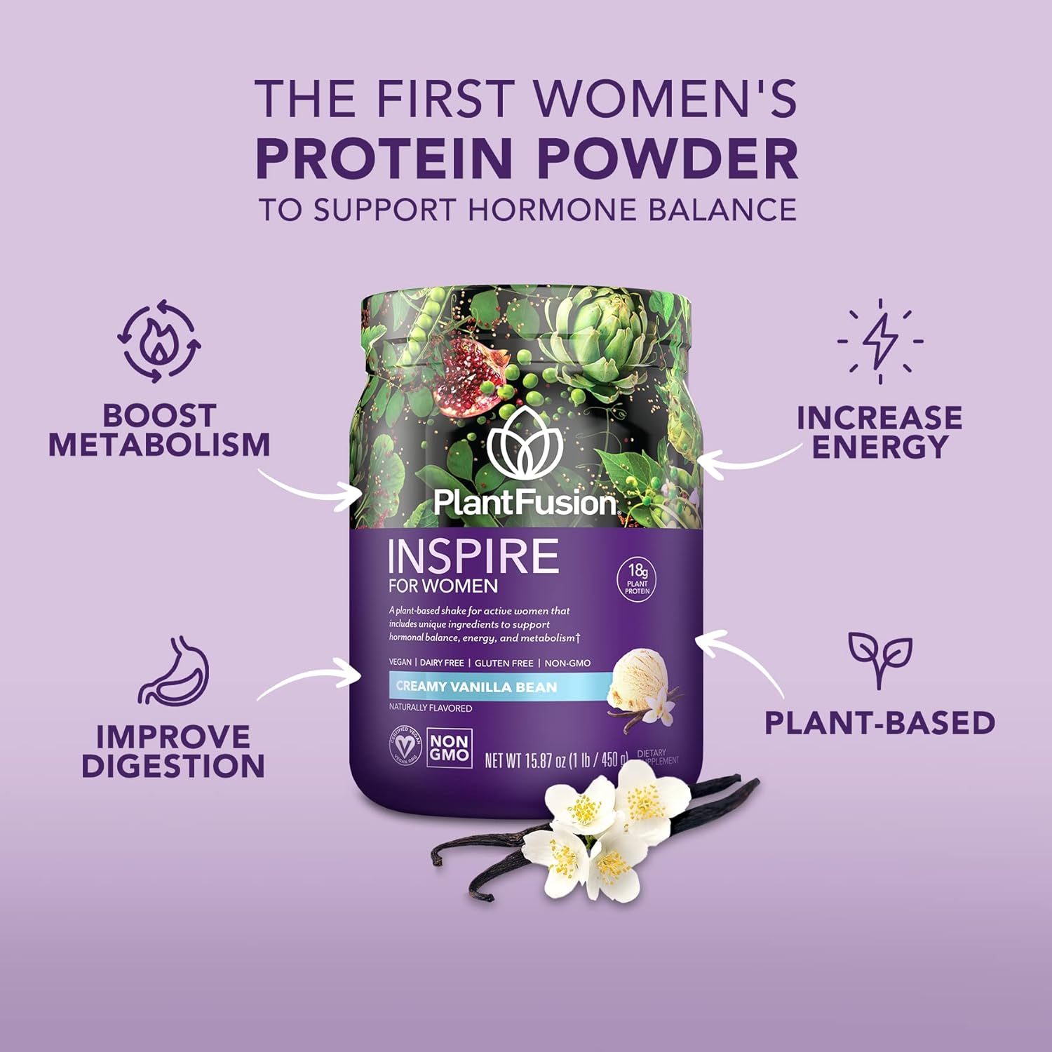 PlantFusion Inspire Plant Protein Powder for Women - Low Carb Protein Powder for Lean Muscle Support - Keto, Gluten Free, Soy Free, Non-Dairy, No Sugar, Non-GMO - Creamy Vanilla Bean 1 lb - Image 3