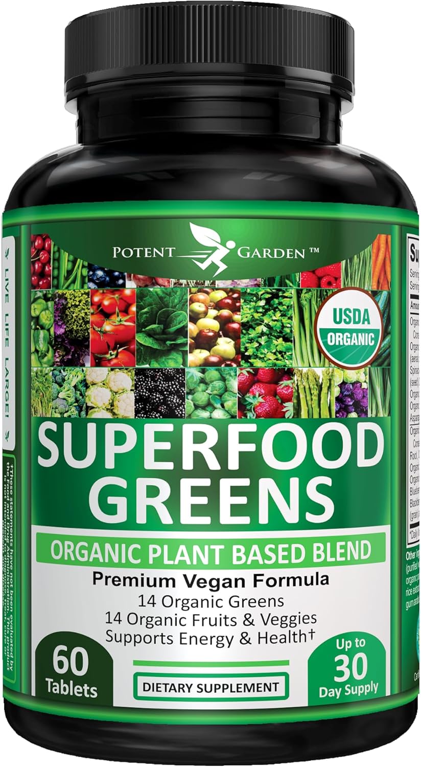 Potent Garden Organic Superfood Greens, Fruit and Veggies Supplement Rich in Vitamins & Antioxidants with Alfalfa, Beet Root & Tart Cherry to Boost Energy, Immunity & Gut Health, Greens Tablets 60 Ct