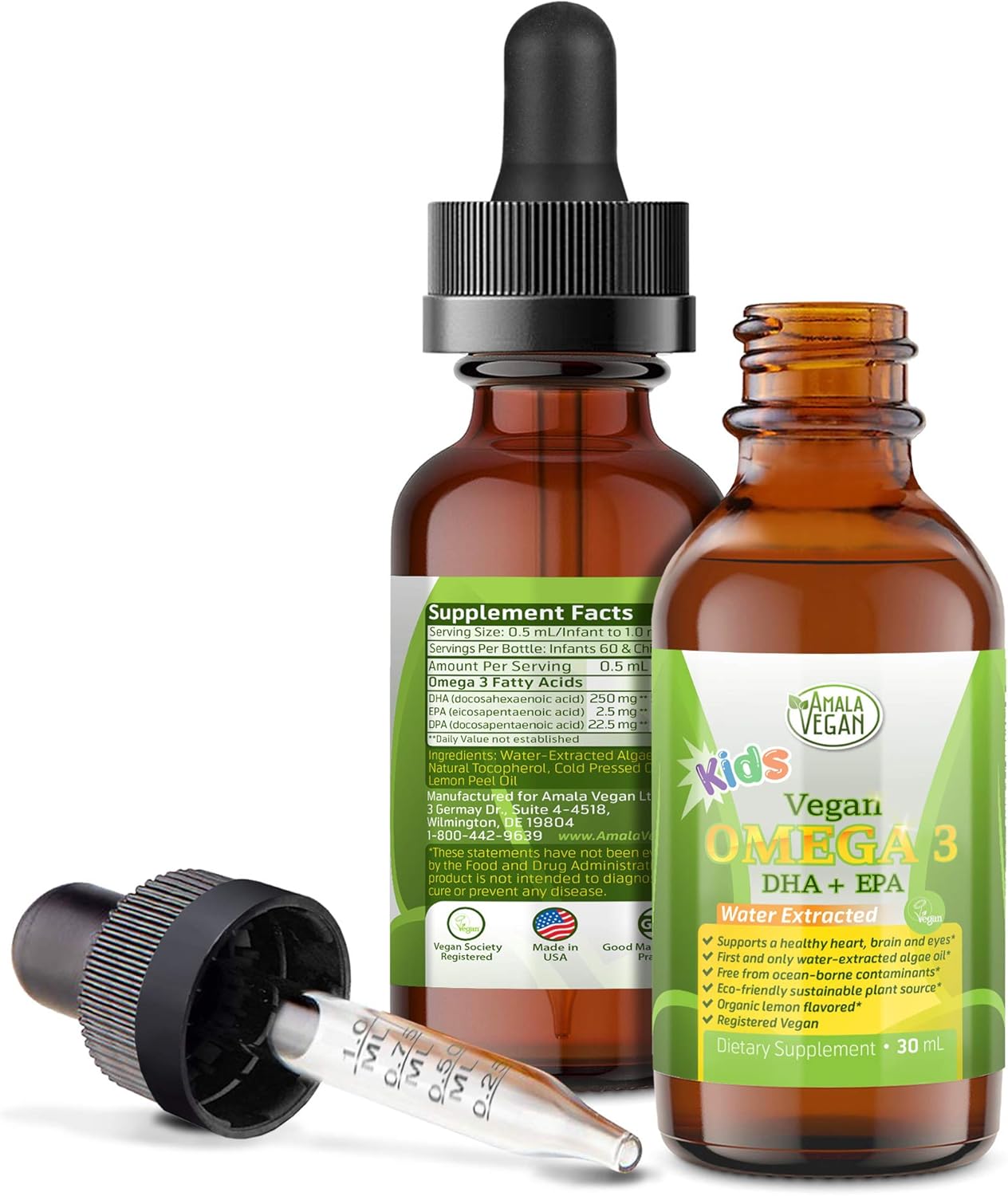 Omega 3 for Kids - Organic Lemon, Vegan, Liquid Supplement - Kids Fish Oil with DHA, EPA, DPA Fatty Acids - Plant Based Algae Oil - Immune, Heart, Brain Health for Children- 30-60 Doses