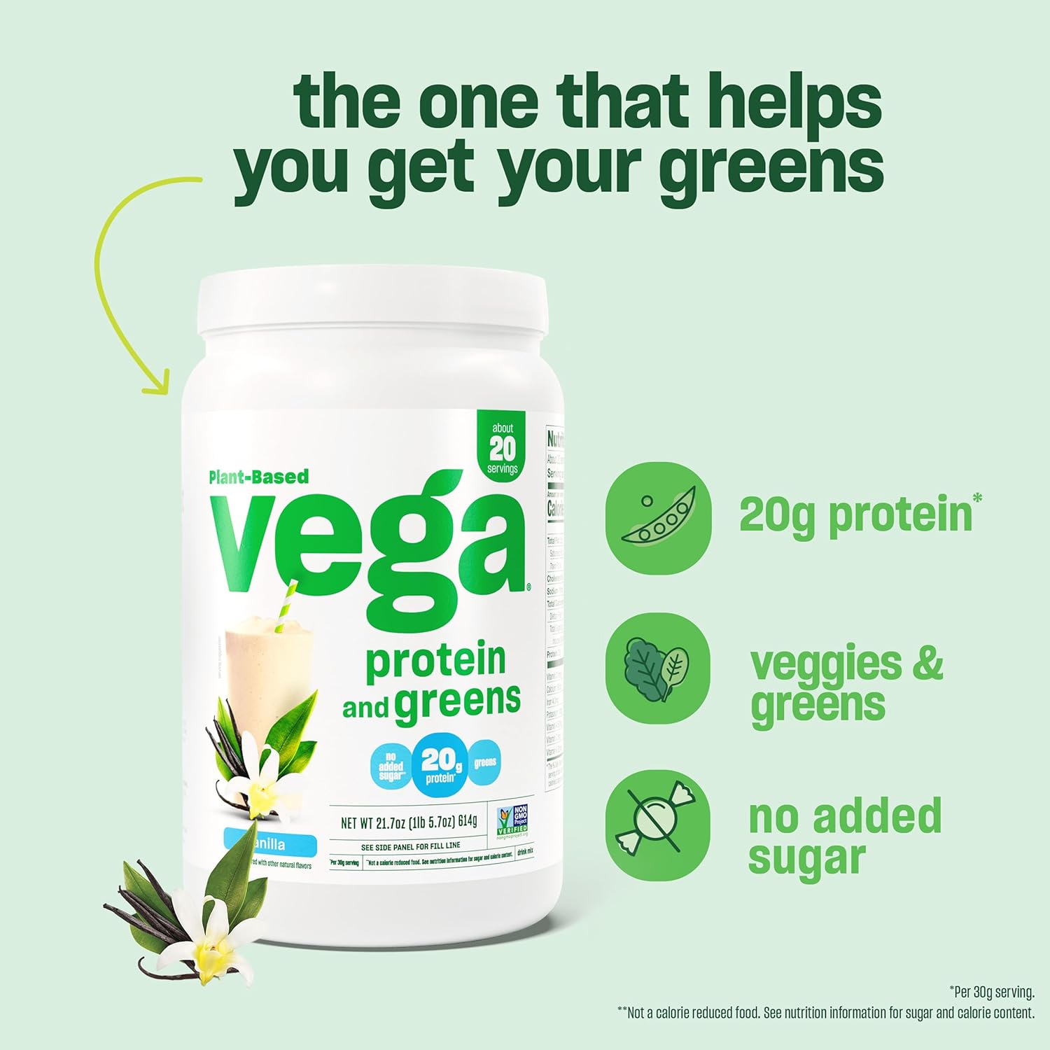 Vega Protein and Greens Protein Powder, Vanilla - 20g Plant Based Protein Plus Veggies, Vegan, Non GMO, Pea Protein for Women and Men, 21.7 Ounce (Packaging May Vary) (Pack of 1) - Image 7