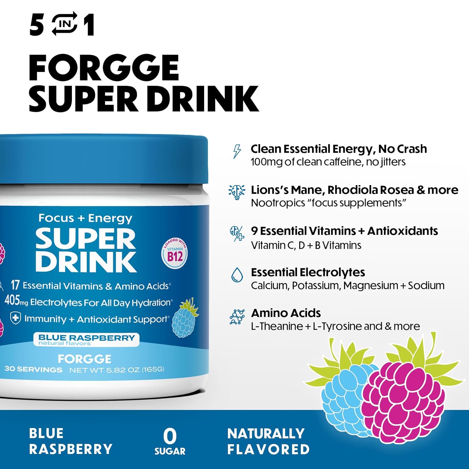 Forgge Healthy Energy Drink Mix - Clean Caffeine + B12, B6, C & D Vitamins - Sugar Free Energy Drink Powder with Electrolytes, Amino Acids, Antioxidants, Lions Mane - Vegan, Keto-Friendly - 30 SVG, Blue Raspberry - Image 5