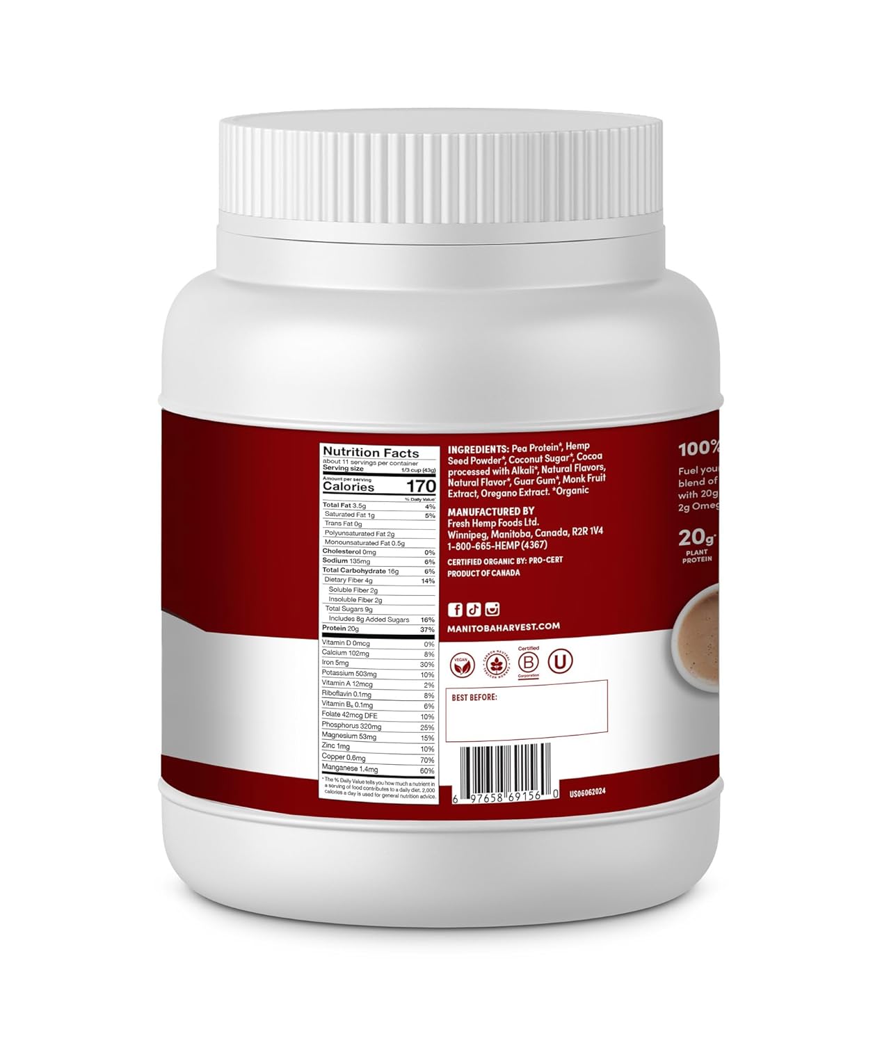 Manitoba Harvest Hemp Yeah Organic Plant-Based Protein Powder with 20g of Complete Plant, 4g of Fiber & 1.9g Omegas 3&6, Non-GMO, Vegan, Chocolate, 16 Oz, Packaging May Vary - Image 8
