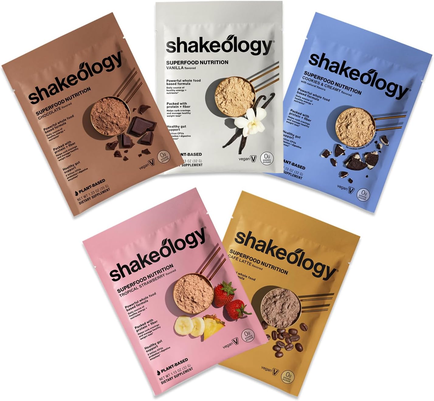 Shakeology 0g Added Sugar Sampler Pack Vegan Protein Powder, Gluten Free Superfood Protein Shake with Supergreens, Probiotics for Gut Health, Adaptogens, Vitamins, 16g Protein per Serving
