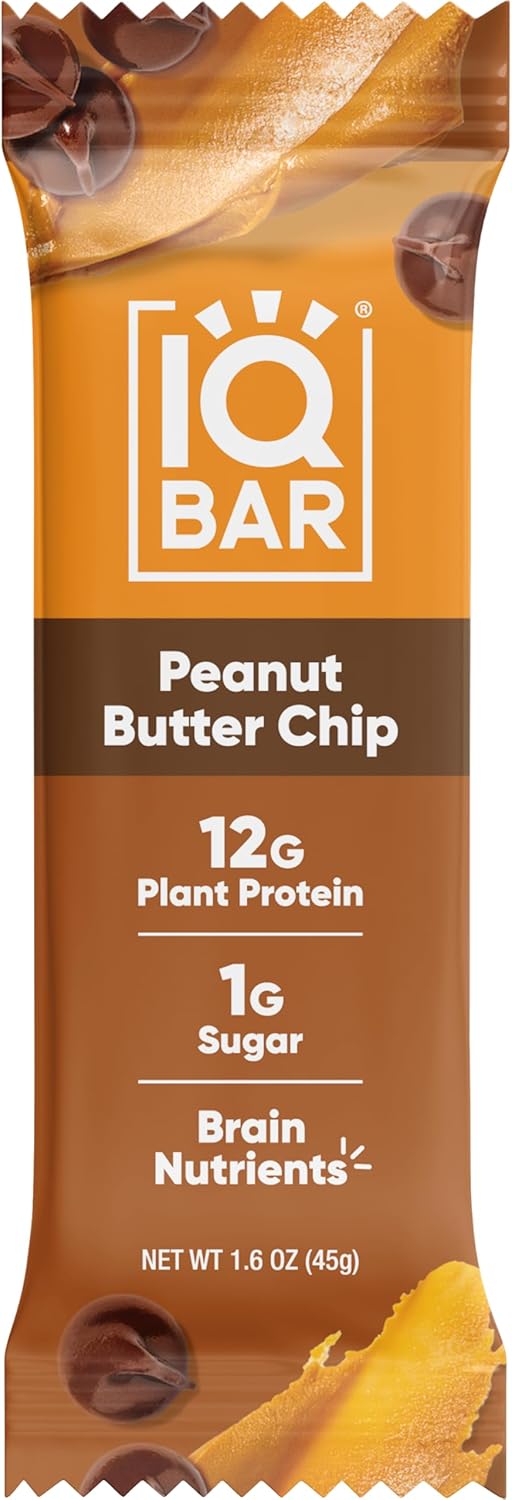IQBAR Brain and Body Keto Protein Bar - Peanut Butter Chip Keto - Energy - Low Carb Protein - High Fiber Vegan and Low Sugar Meal Replacement - Vegan Snack