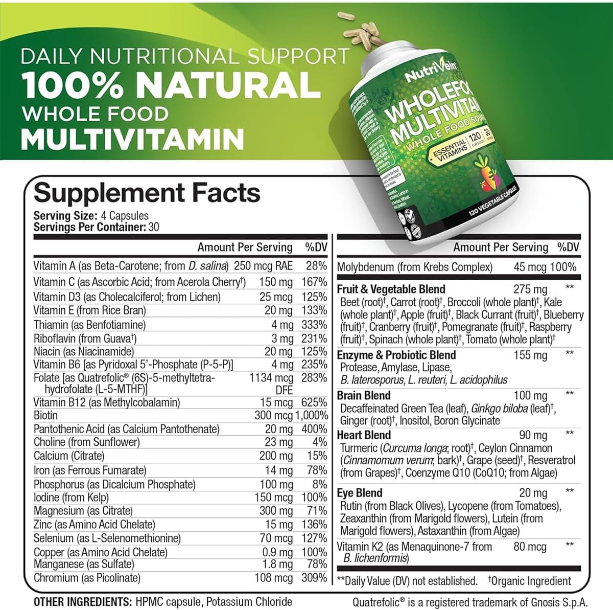 Nutrivein Whole Food Multivitamin for Men & Women – 120 Vegan Multivitamin Caps for Adults – Daily Energy, Immune & Heart Support – Raw Fruit & Veggie Blend + B Vitamins - Not Intended for Kids - Image 2