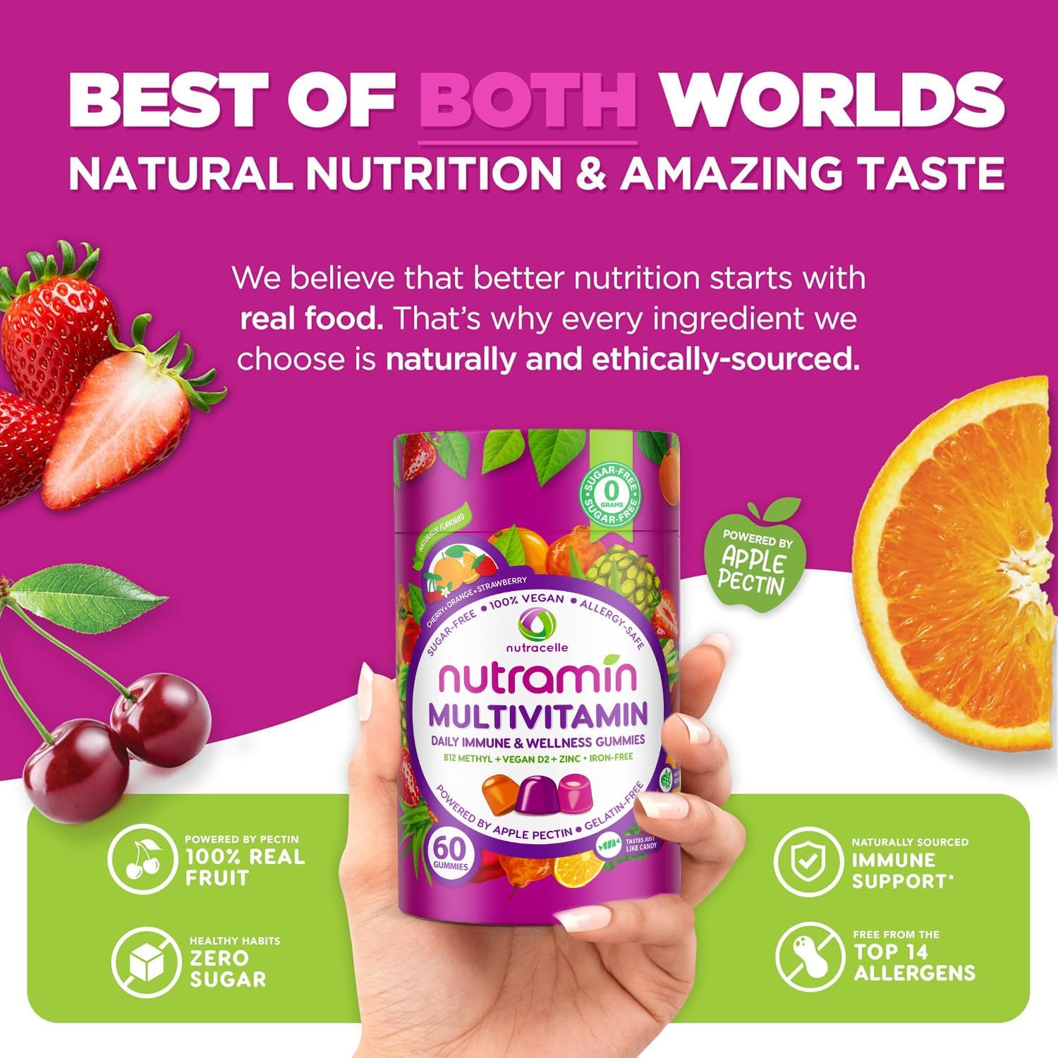 NUTRAMIN Daily Vegan Keto Multivitamin Gummies Non-GMO Natural Vitamin C D + Zinc for Immunity, Plant-Based, Sugar-Free, Nut-Free, Gluten-Free, Biotin, Vitamin A, B, B6, B12 60 Ct, 30 Days (60 Count) - Image 4