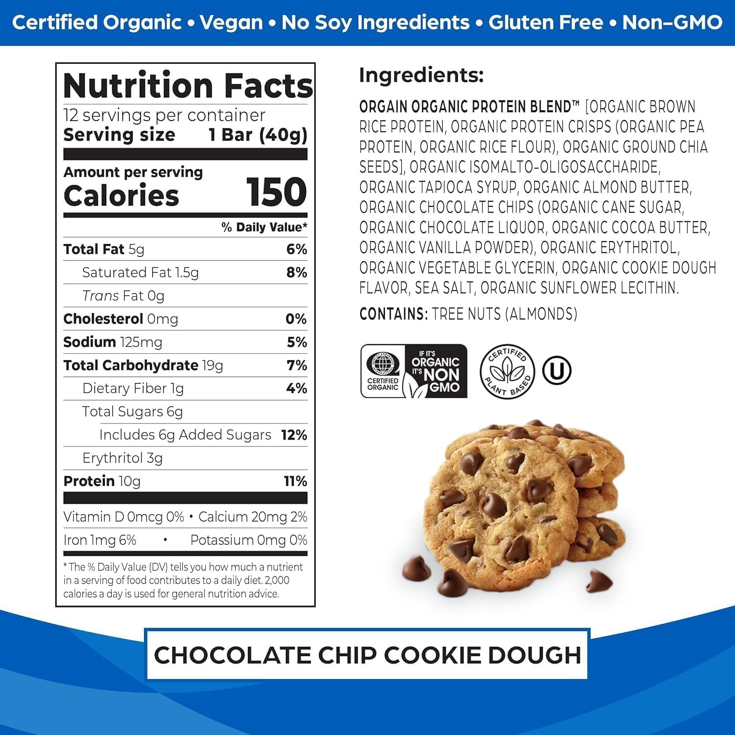 Orgain Organic Vegan Protein Bars Bundle - Chocolate Chip Cookie Dough & Peanut Butter Chocolate Chunk - 10g Plant Based Protein, Gluten Free, Non-GMO - 1.41 Oz (2 Pack of 12) - Image 2