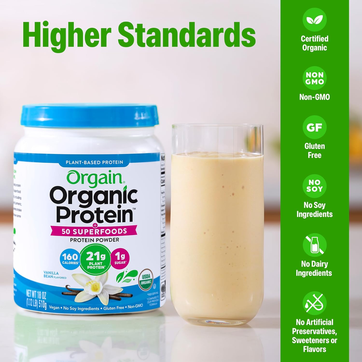 Orgain Organic Vegan Protein + 50 Superfoods Powder, Vanilla Bean - 21g Plant Based Protein, 8g Prebiotic Fiber, No Lactose Ingredients, Gluten Free, No Added Sugar, 1.12 lb (Packaging May Vary) - Image 3
