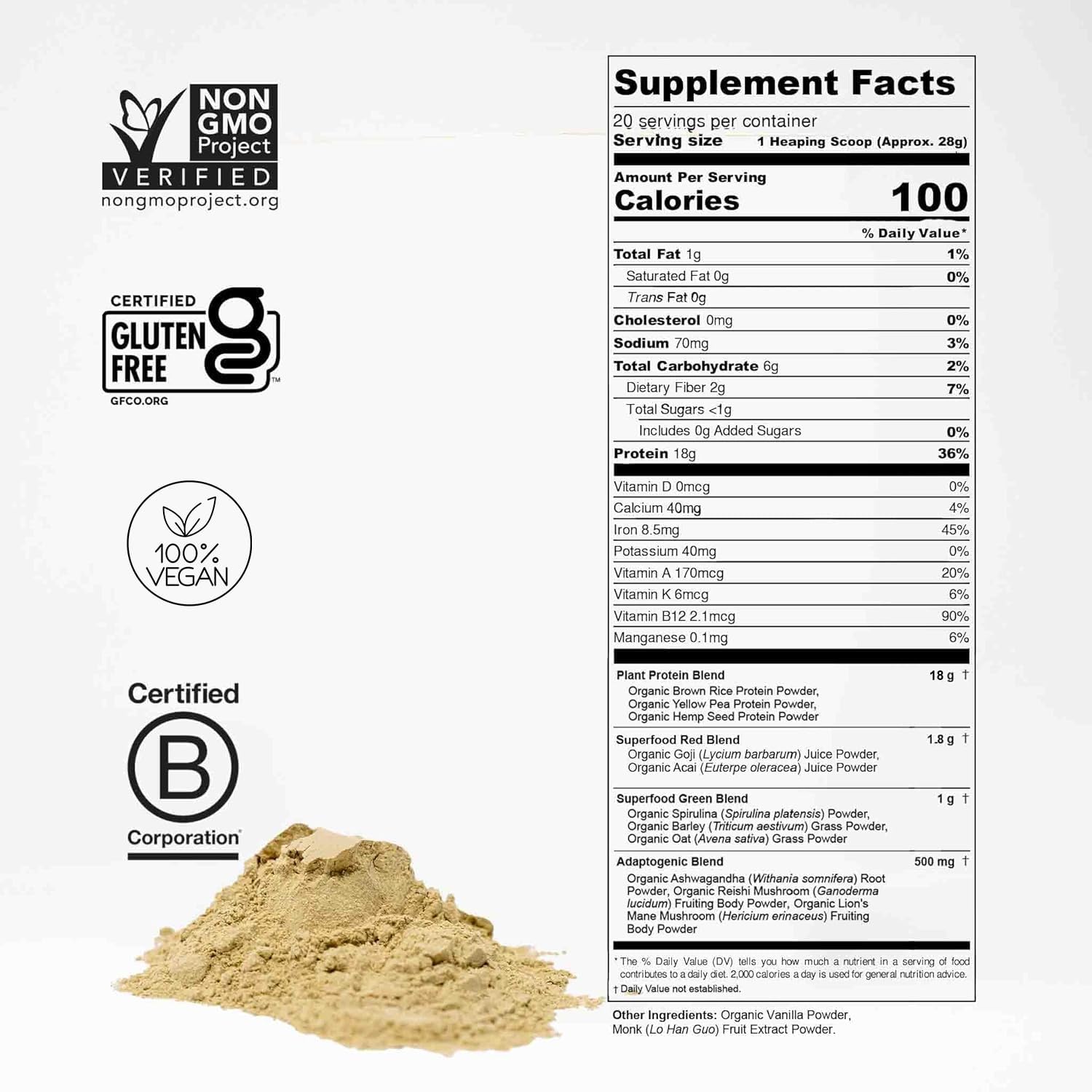 Plant Based Protein Powder w/Superfoods, Ashwagandha, Reishi, Lions Mane for Optimal Health | 18G of Organic Vanilla Vegan Protein, Gluten Free, Stevia Free, Sugar Free, 20 Servings - Image 2