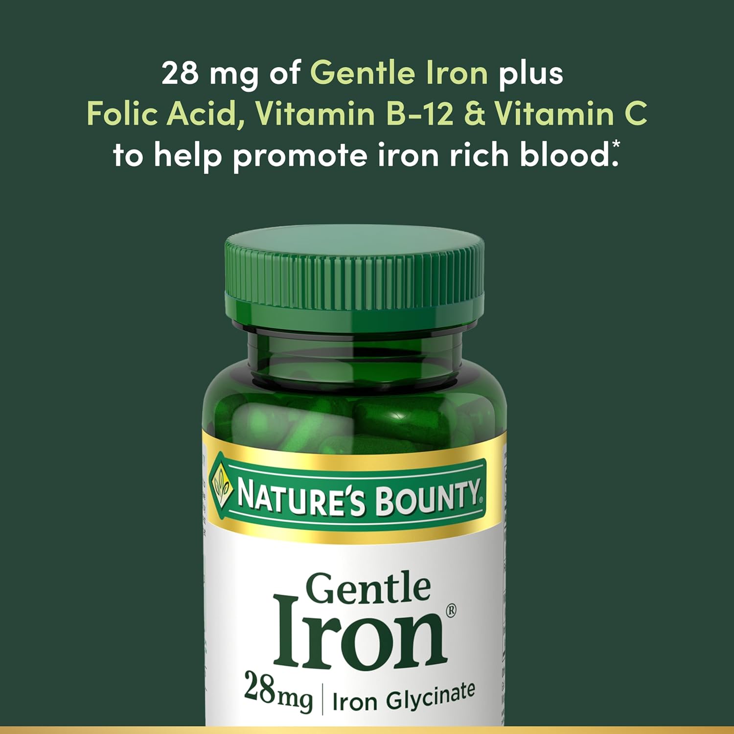 Nature’s Bounty Gentle Iron 28 mg Capsules with Vitamin C, Folic Acid, Vitamin B-12 Iron Supplement, Non-GMO, Gluten-Free, 90 Count - Image 3
