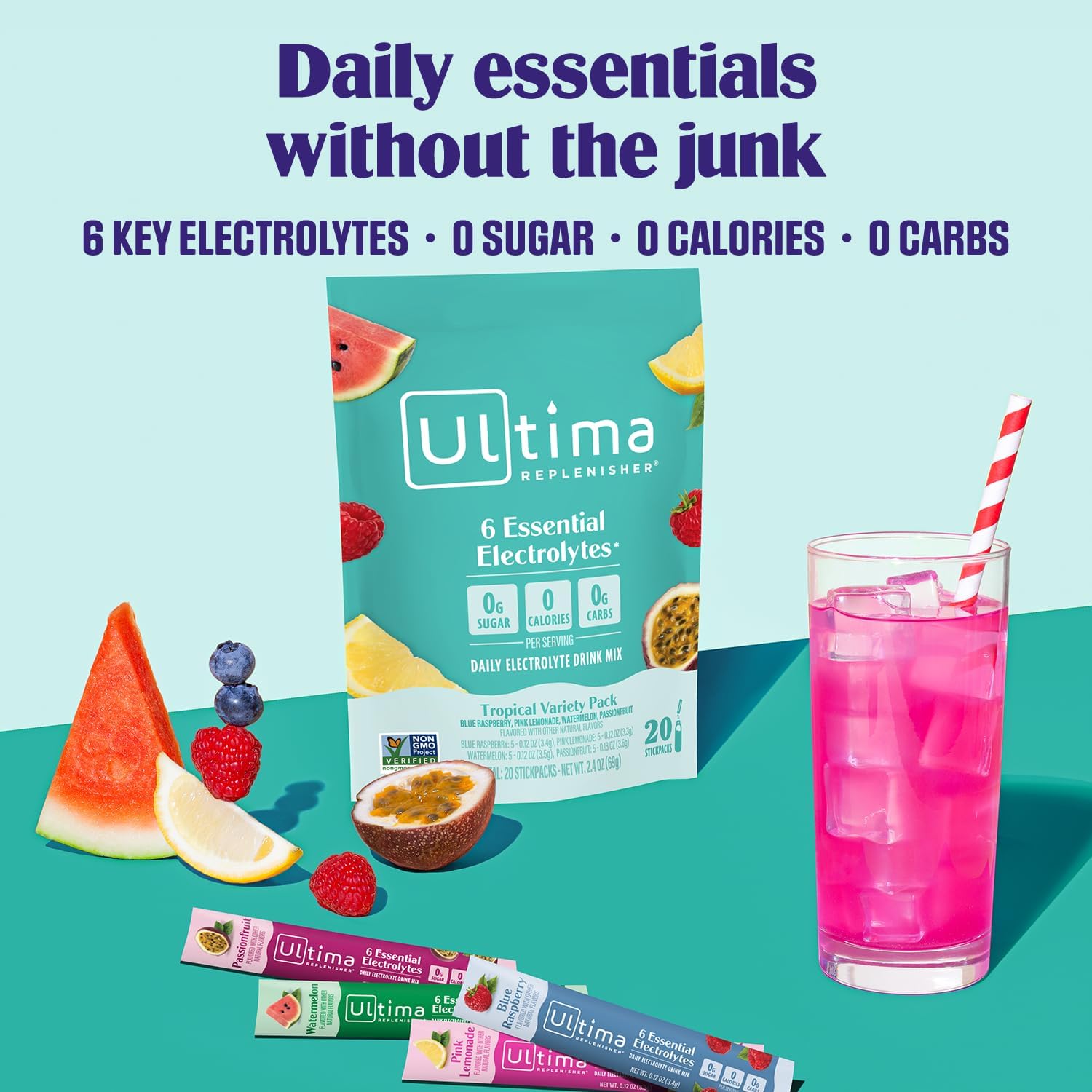 Ultima Replenisher Daily Electrolyte Powder – Tropical Variety Pack, 20 Stickpacks – Zero Sugar Hydration Packets with 6 Electrolytes and Minerals – Sugar Free, Plant Based & Keto Friendly Drink Mix - Image 2