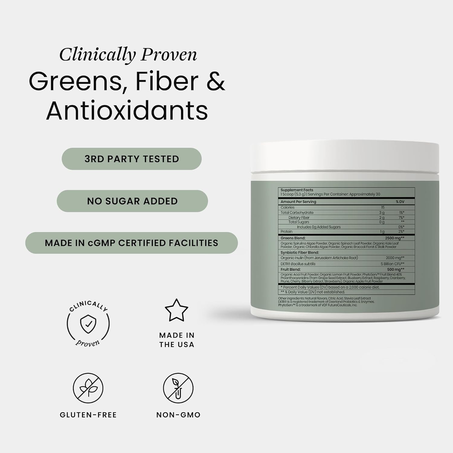 Perelel Synbiotic Greens Powder, Superfood Blend with Fruits, Vegetables, Probiotics, Fiber, Spirulina & Chlorella, Daily Greens Supplement, Soy & Gluten Free, Non GMO, Acai Berry Flavor, 30 Servings - Image 2