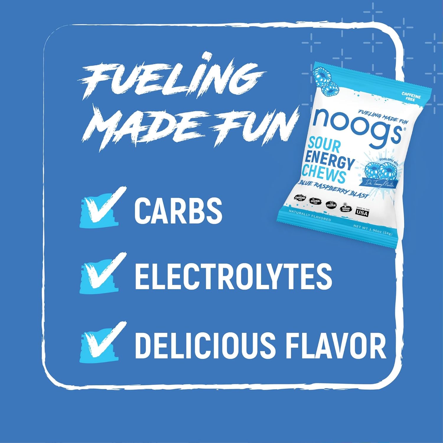 Noogs Sour Energy Chews, Blue Raspberry Blast Electrolyte Energy Gummies, Sour Candy Flavored Alternative to Running Gels, Vegan, Gluten Free & Caffeine Free, 12 Pack - Image 4
