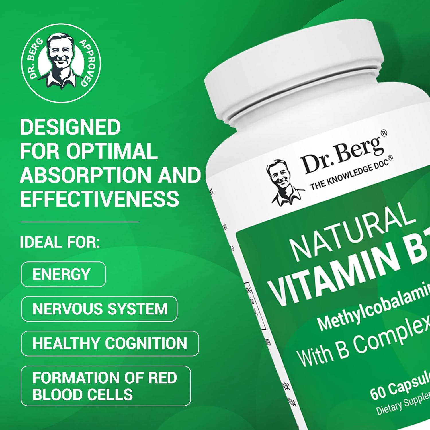Dr. Berg Natural Vitamin B12 1000 mcg with B Complex Blend - Methylcobalamin B12 for Energy, Nerve Health, and Cognitive Function* - Methylated B12 with Folate - 60 Capsules (2-Month Supply) - Image 2