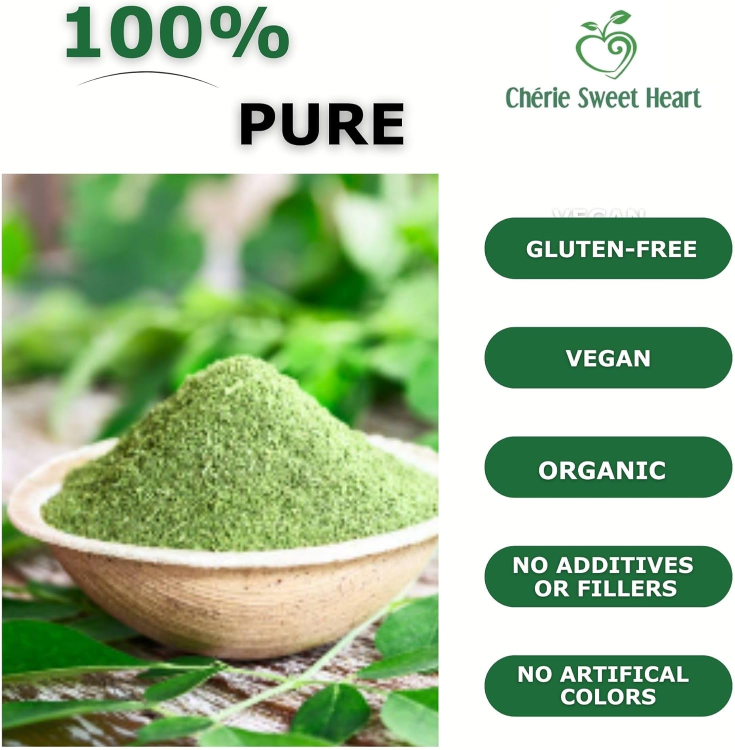 Chérie Sweet Heart Organic Moringa & Spirulina Superfood Blend, 6 oz – USDA Organic, Non-GMO, Vegan, Gluten-Free Supergreens Powder for Energy, Detox & Daily Wellness - Image 3