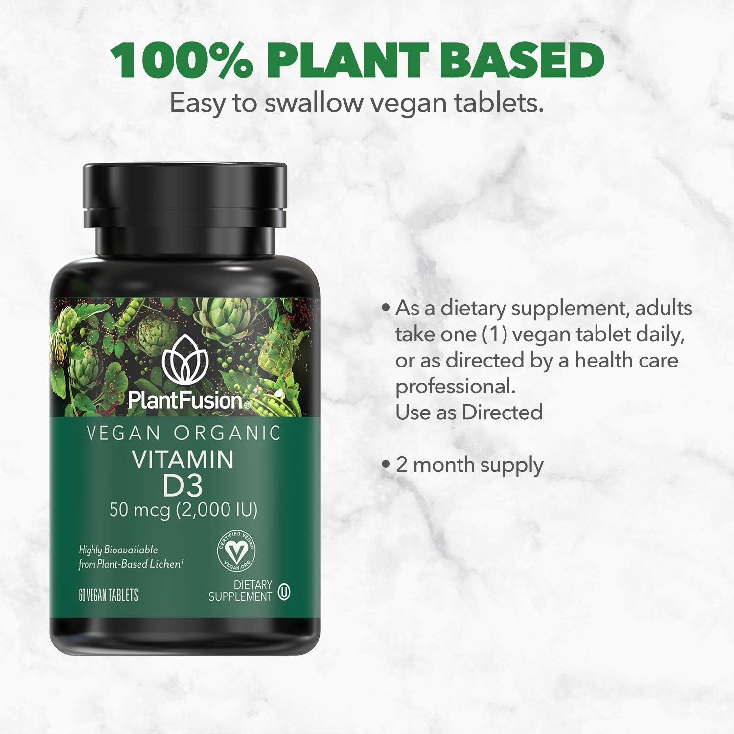 PlantFusion Vegan Vitamin D3 2000IU, Organic Vitamin D3, Sourced from Vitashine Plant Based Lichen, Promotes Immune and Bone Health, 60 Tablets - Image 2