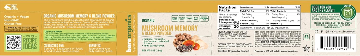 BareOrganics Mushroom Memory Blend Powder – Organic Superfood Mushroom Supplement with Lion’s Mane, Reishi, Maitake & Turkey Tail, Vegan Adaptogenic Powder - 4 oz - Image 2