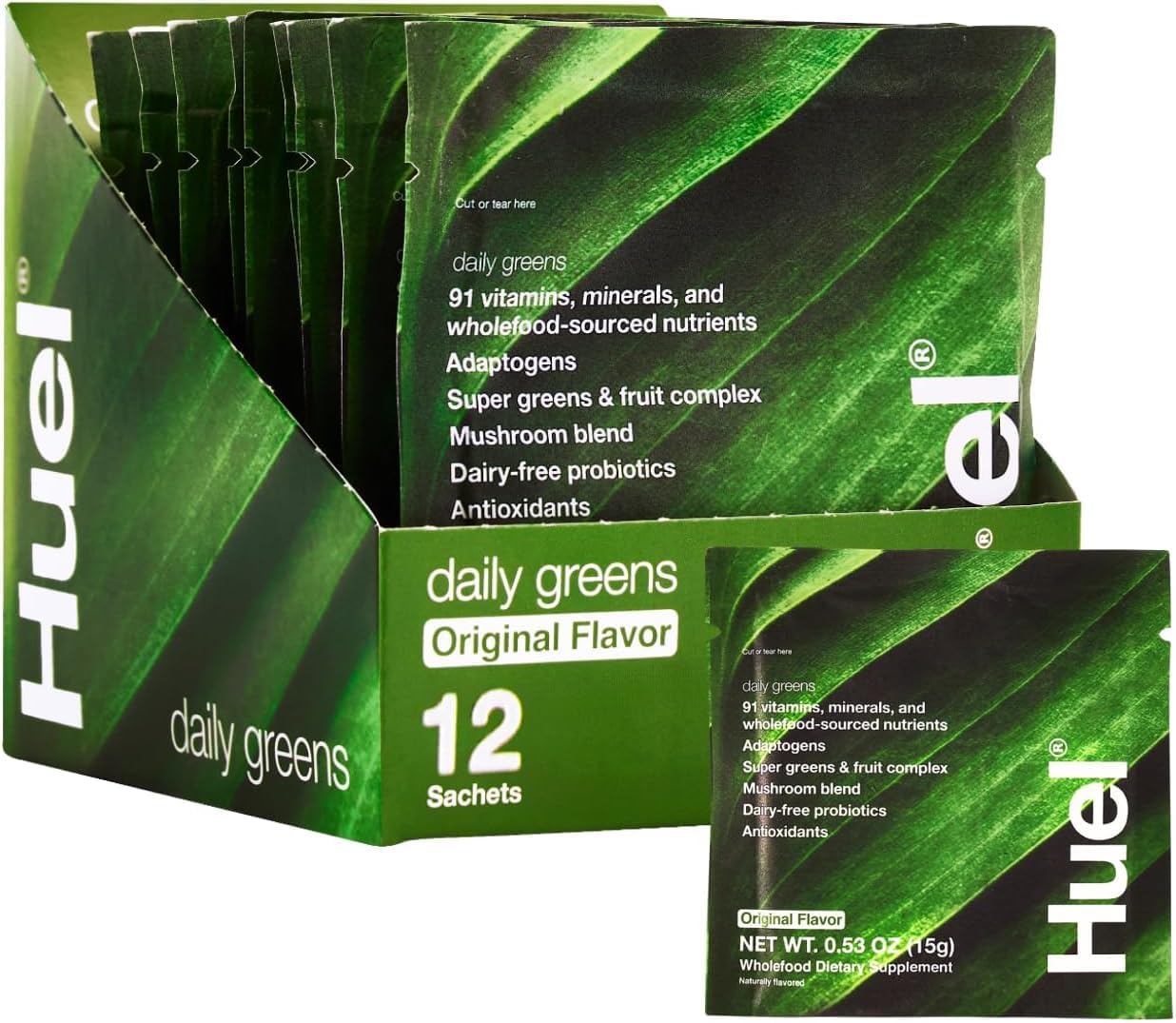 Huel Daily Greens Single Serve | Superfood Greens Powder | 91 Vitamins, Minerals, and Wholefood-Sourced Ingredients | Adaptogens, Antioxidants, Gut-Friendly Probiotics | 12 Pack